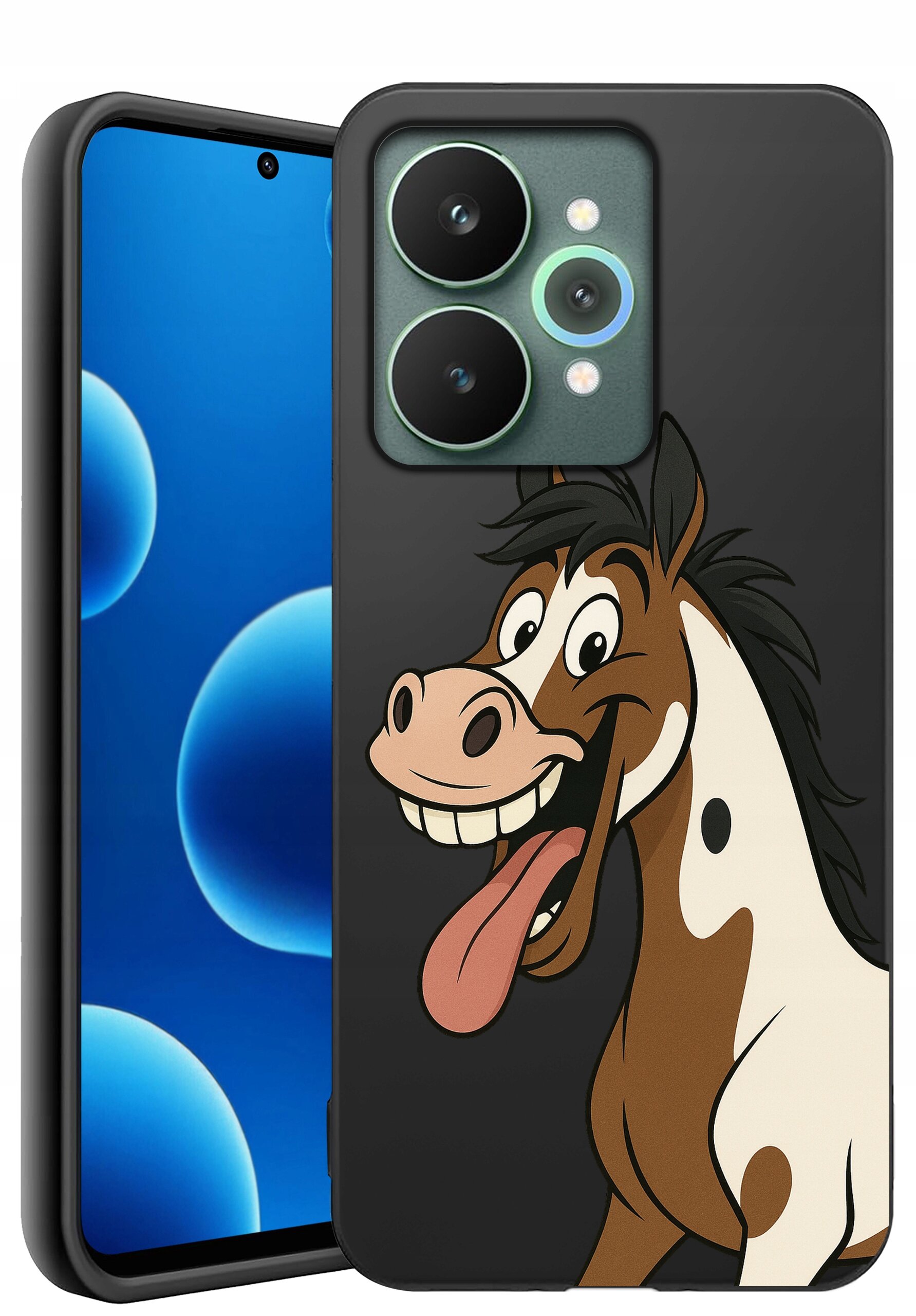 Etui na telefon z nadrukiem uśmiechniętego konia na czarnym tle. Obok widoczny jest telefon z niebieskim ekranem i trzema aparatami.