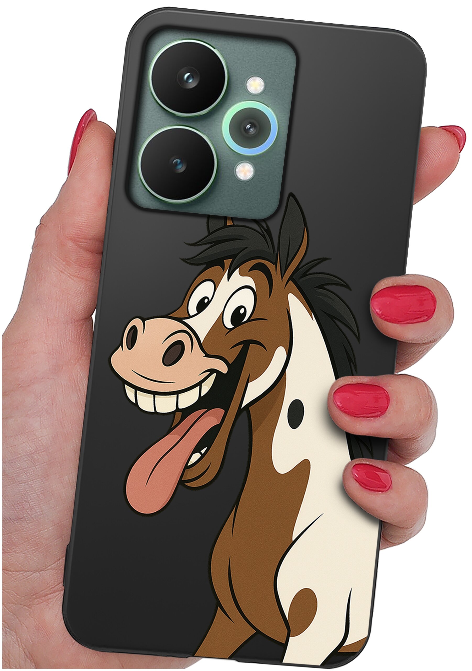 Etui na telefon z nadrukiem uśmiechniętego konia, trzymane w dłoni z pomalowanymi na czerwono paznokciami. Etui ma wycięcia na dwa duże obiektywy aparatu.
