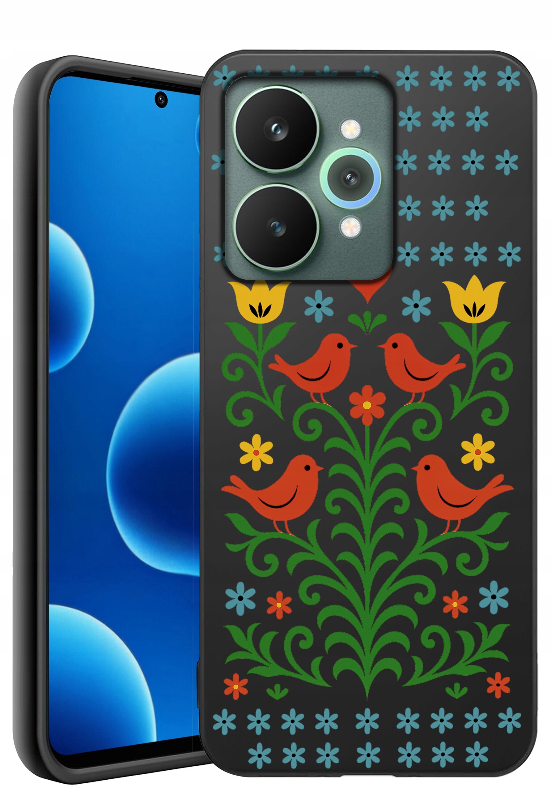 Etui na telefon z kolorowym wzorem przedstawiającym czerwone ptaki i kwiaty na czarnym tle. Obok widoczny jest ekran telefonu z niebieskim motywem graficznym.