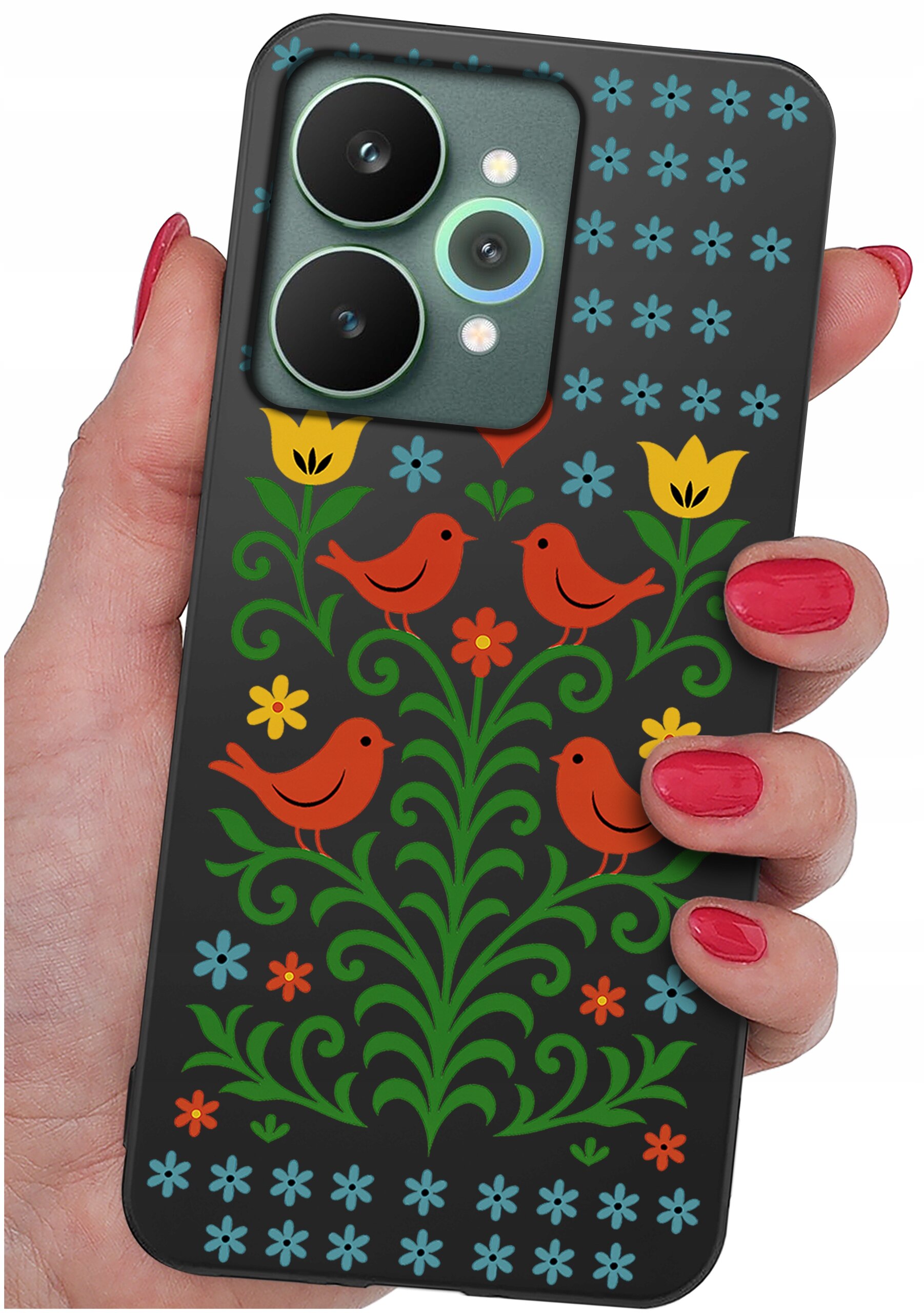 Etui na telefon z kolorowym wzorem przedstawiającym czerwone ptaki i kwiaty na czarnym tle, trzymane w dłoni z pomalowanymi na czerwono paznokciami.