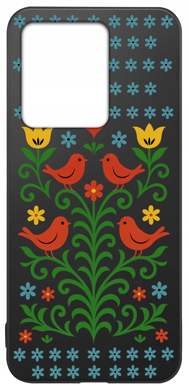 Etui na telefon z kolorowym wzorem przedstawiającym czerwone ptaki i kwiaty na czarnym tle. Wzór zawiera żółte, czerwone i niebieskie kwiaty oraz zielone liście.