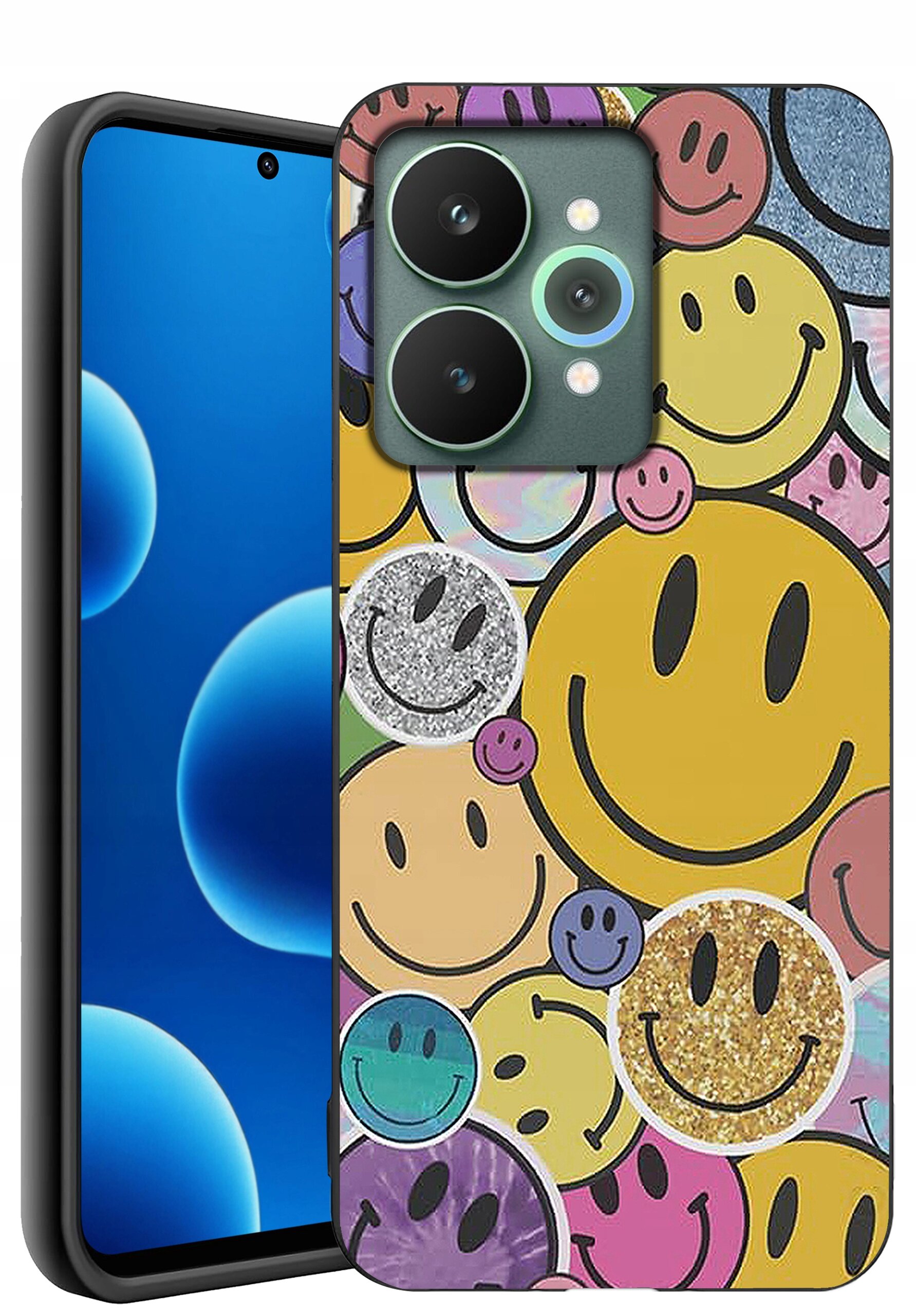 Etui na telefon z kolorowymi wzorami uśmiechniętych buziek w różnych kolorach i teksturach, w tym brokatowych i holograficznych. Telefon ma ekran z niebieskimi okręgami na czarnym tle.