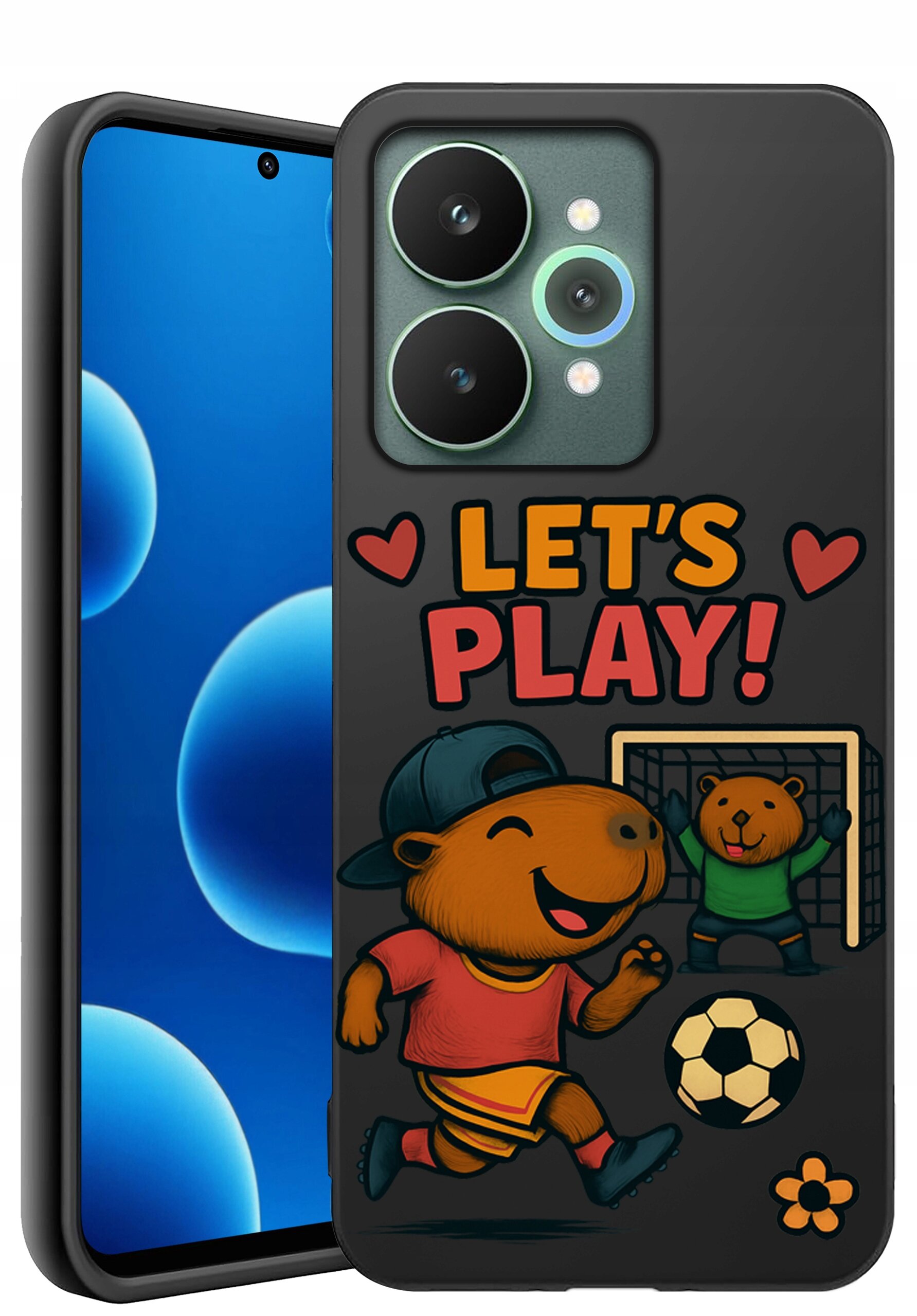 Etui na telefon z grafiką przedstawiającą zwierzęta grające w piłkę nożną oraz napis \'LET\'S PLAY!\'.