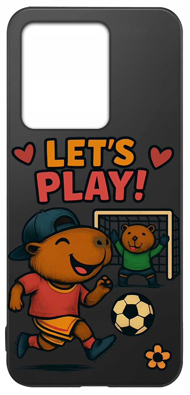 Etui z grafiką przedstawiającą dwie postacie zwierząt grające w piłkę nożną, z napisem \'LET\'S PLAY!\' oraz dwoma sercami. Tło jest ciemne, a postacie są kolorowe.