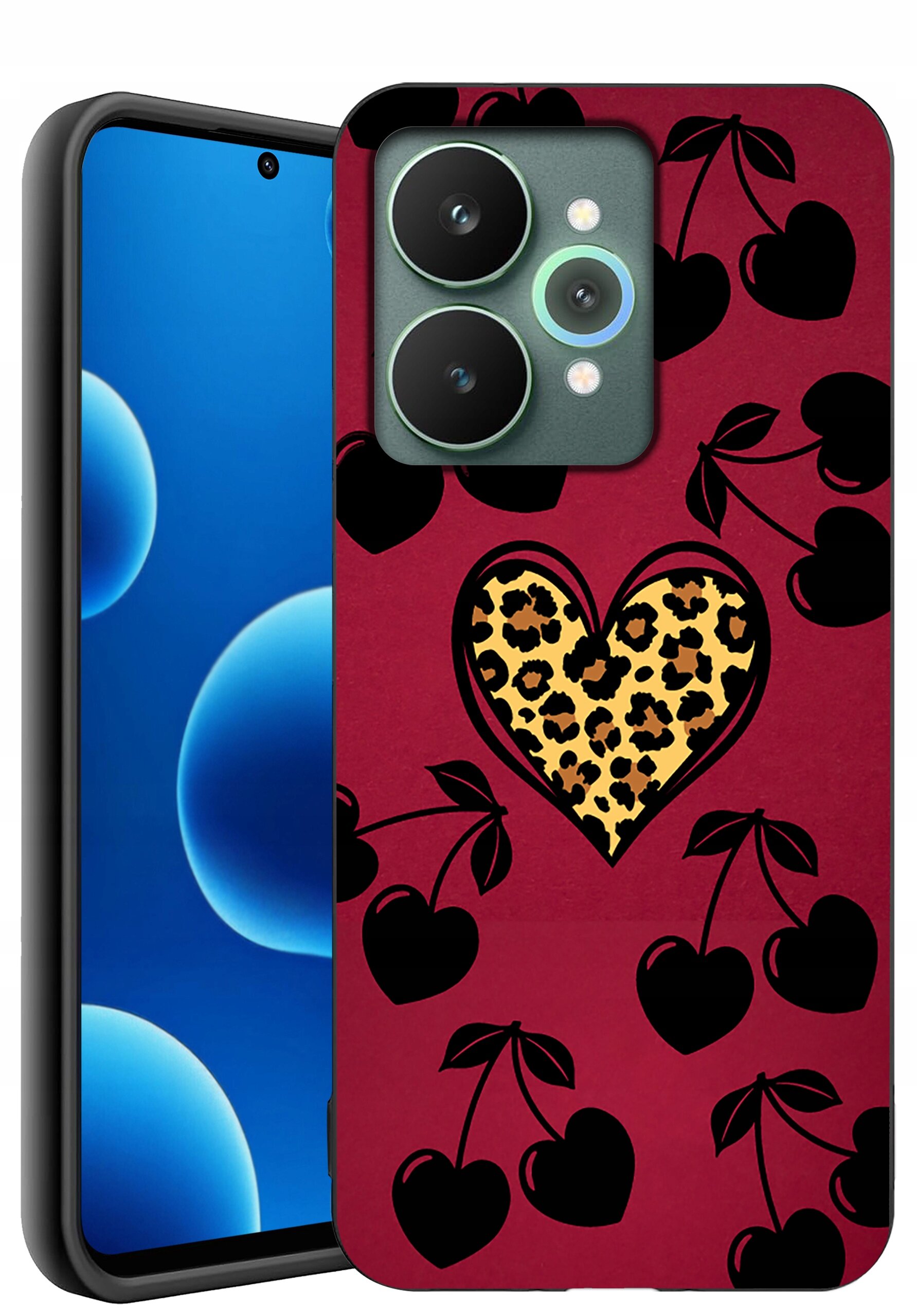 Etui na telefon z czerwonym tłem, ozdobione czarnymi wzorami w kształcie wisienek oraz sercem z motywem panterki. Obok widoczny jest ekran telefonu z niebieskim tłem i okrągłymi ikonami.