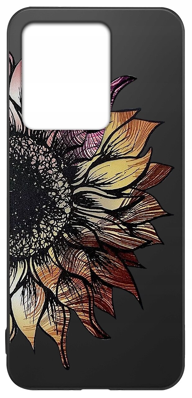 Etui na telefon z matowego silikonu z wzorem przedstawiającym kolorowy kwiat słonecznika na ciemnym tle. W górnej części znajduje się wycięcie na aparat.