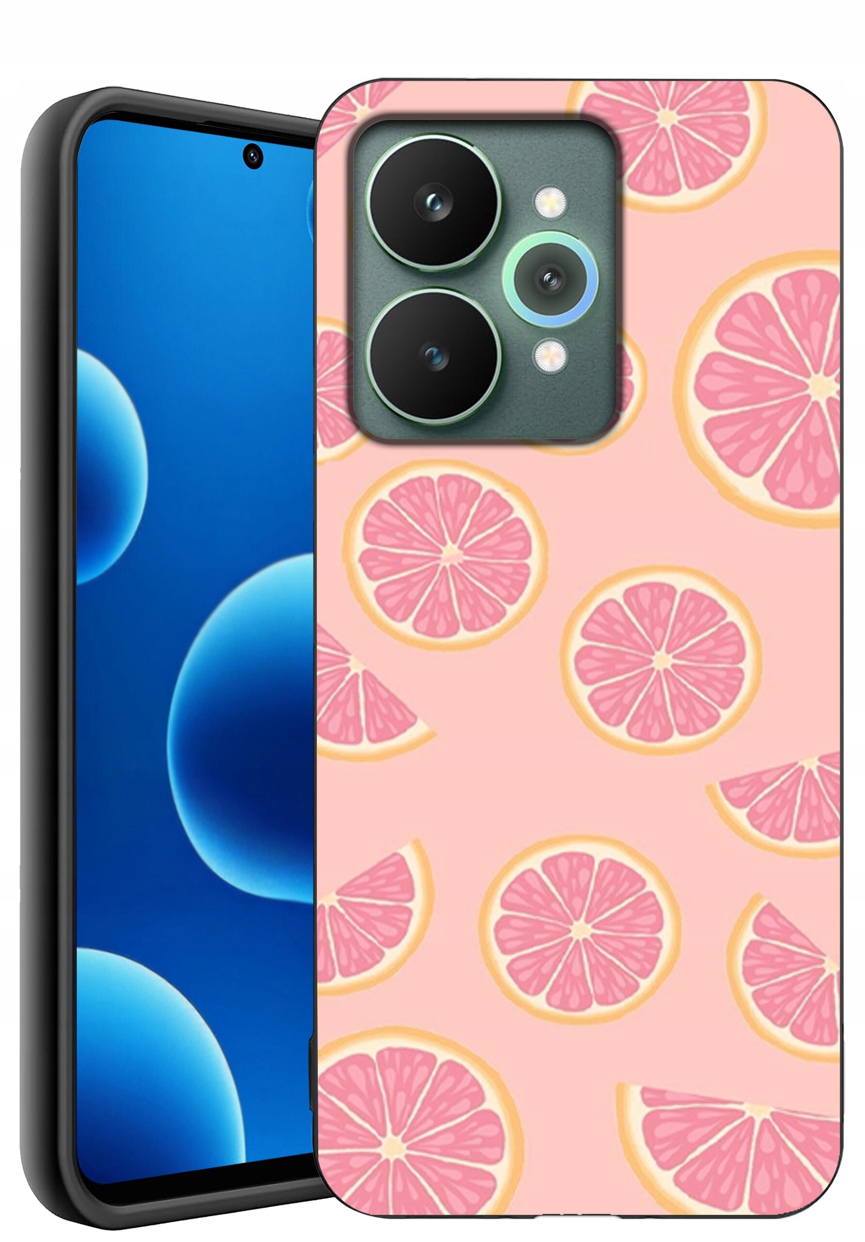 Etui na telefon z wzorem różowych plasterków cytrusów na jasnoróżowym tle. Obok widoczny jest telefon z niebieskim ekranem i trzema obiektywami aparatu.
