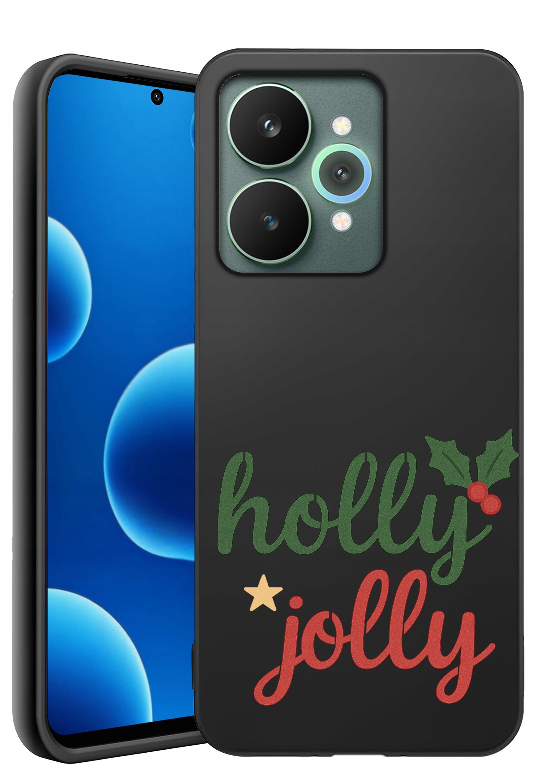 Czarne etui na telefon z napisem \'holly jolly\' oraz grafiką liści ostrokrzewu i czerwonych jagód. Obok widoczny jest telefon z niebieskim ekranem i okrągłym wycięciem na kamerę.