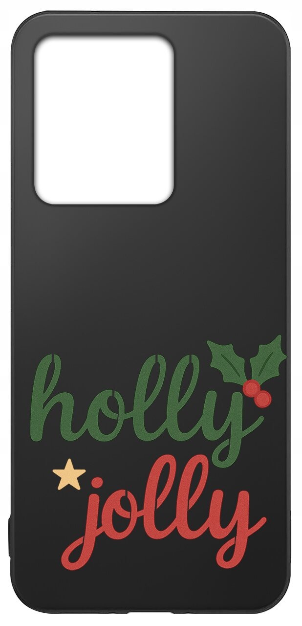 Czarne etui z napisem \'holly jolly\' w kolorach zielonym i czerwonym oraz grafiką liści ostrokrzewu z czerwonymi jagodami i żółtą gwiazdką.