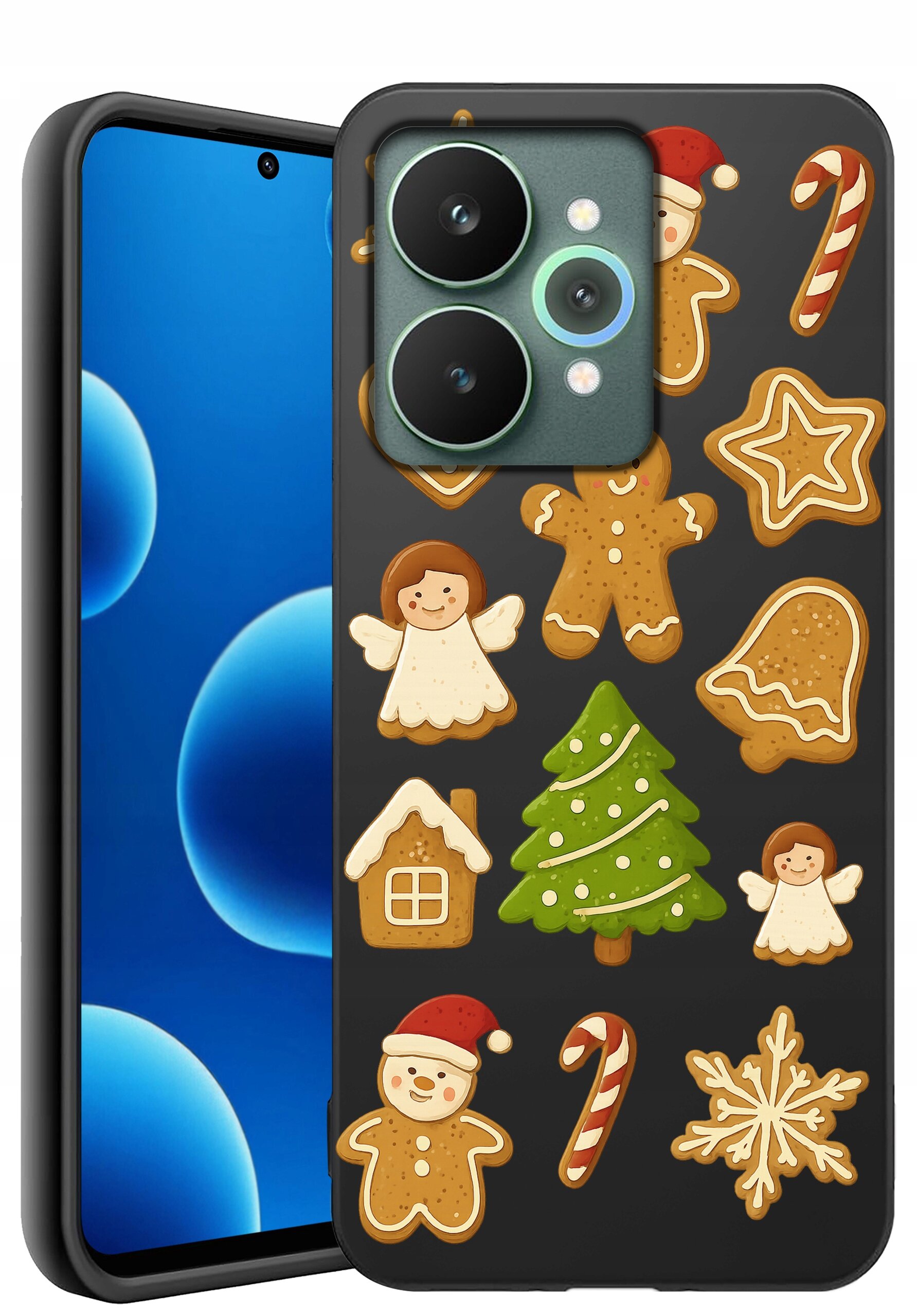 Etui na telefon z motywem świątecznym, ozdobione wzorami pierników, choinki, aniołków i lasek cukrowych na ciemnym tle.