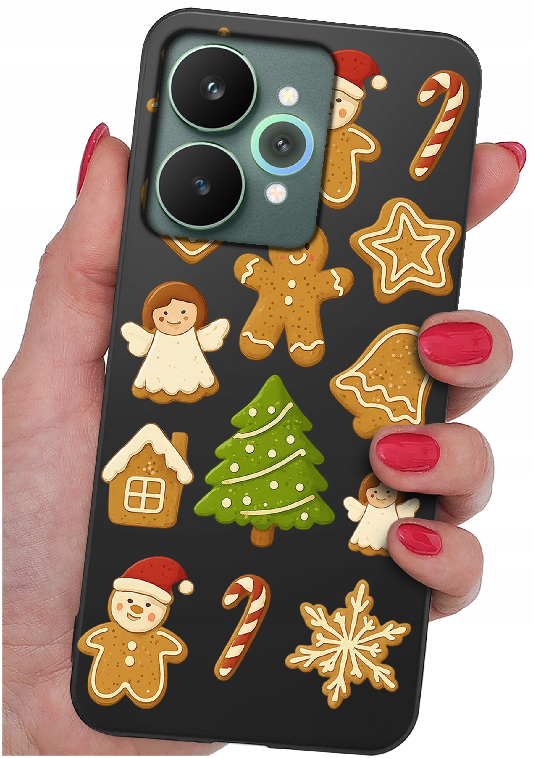 Etui na telefon z motywem świątecznych ciasteczek, w tym choinki, aniołka, laski cukrowej i piernikowych ludzików. Etui jest trzymane w dłoni z pomalowanymi na czerwono paznokciami.