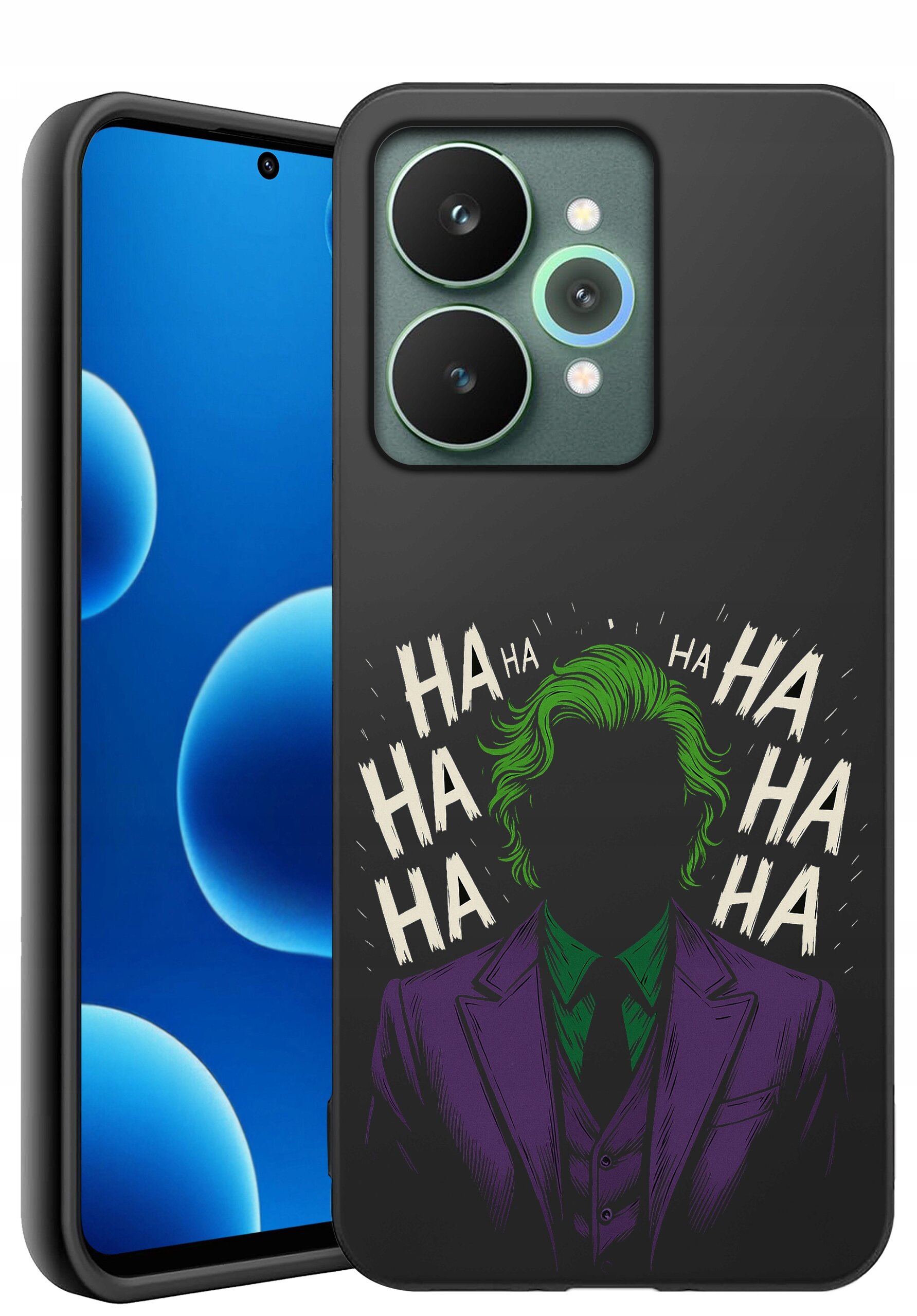 Etui na telefon z grafiką przedstawiającą postać w fioletowym garniturze z zielonymi włosami, otoczoną napisem \'HA HA HA\'.