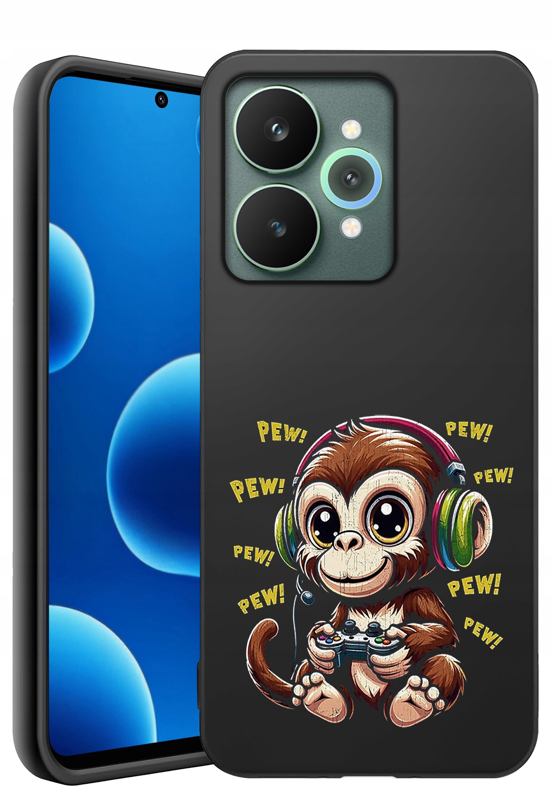 Etui na telefon z nadrukiem małpki w słuchawkach trzymającej kontroler do gier, otoczonej napisem \'PEW! PEW!\'.
