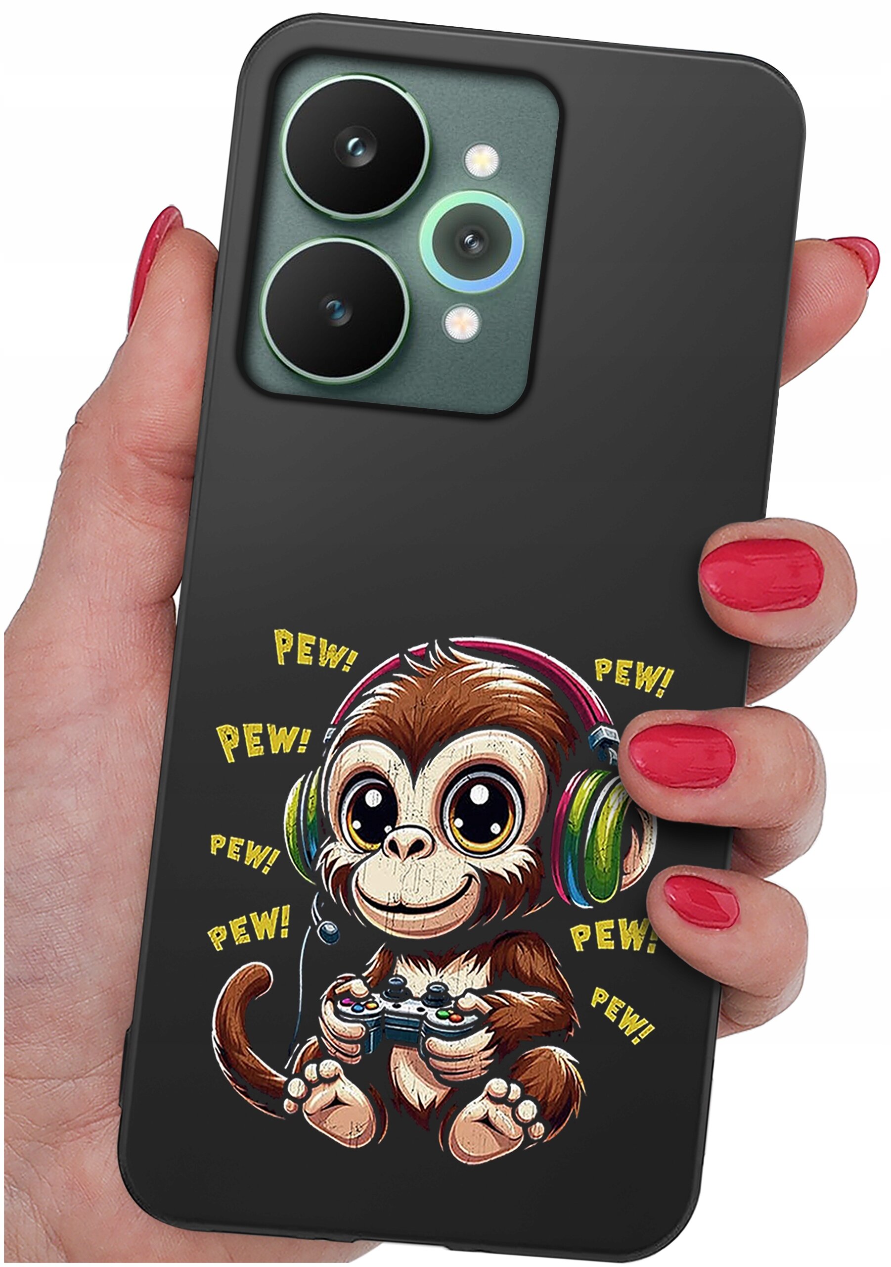 Czarna obudowa telefonu z nadrukiem małpki w słuchawkach trzymającej kontroler do gier, otoczona napisami \'PEW!\'.