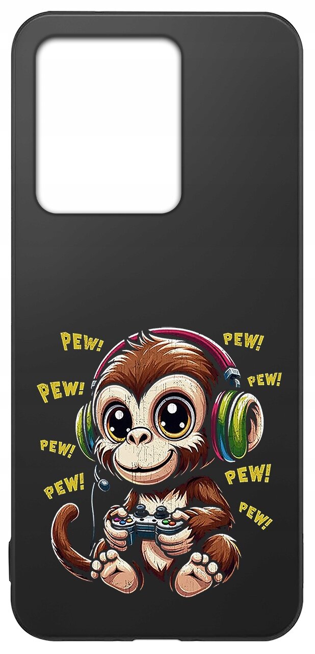 Czarne etui z nadrukiem małpy w słuchawkach trzymającej kontroler do gier, otoczonej tekstem \'PEW!\'.