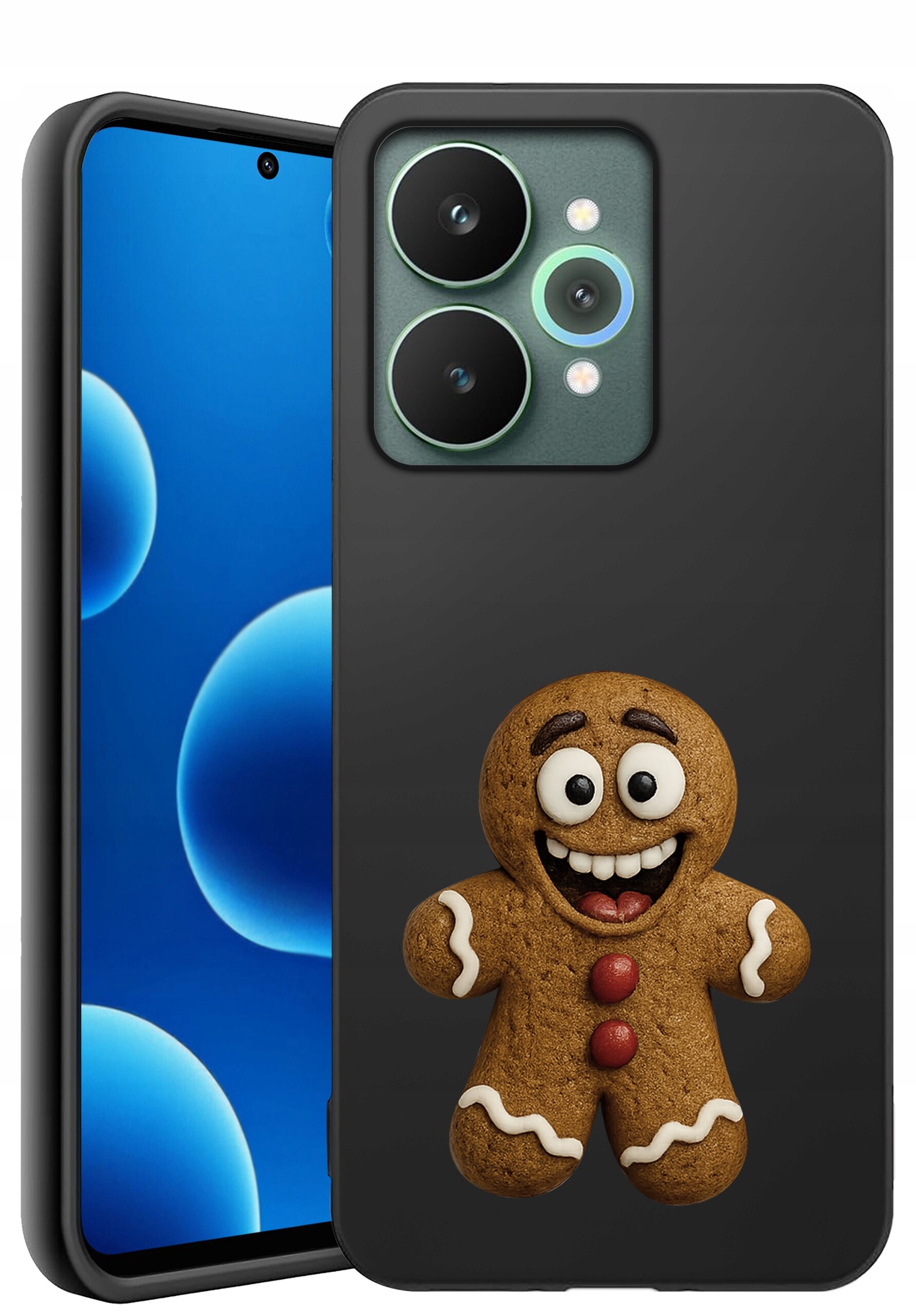 Na obrazie widoczne jest czarne etui na telefon z nadrukiem uśmiechniętego piernikowego ludzika. Obok etui znajduje się telefon z niebieskim ekranem i widoczną kamerą przednią.