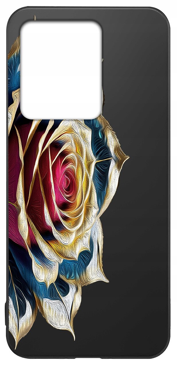 Etui na telefon z kolorowym wzorem róży na czarnym tle, z dużym otworem na aparat.