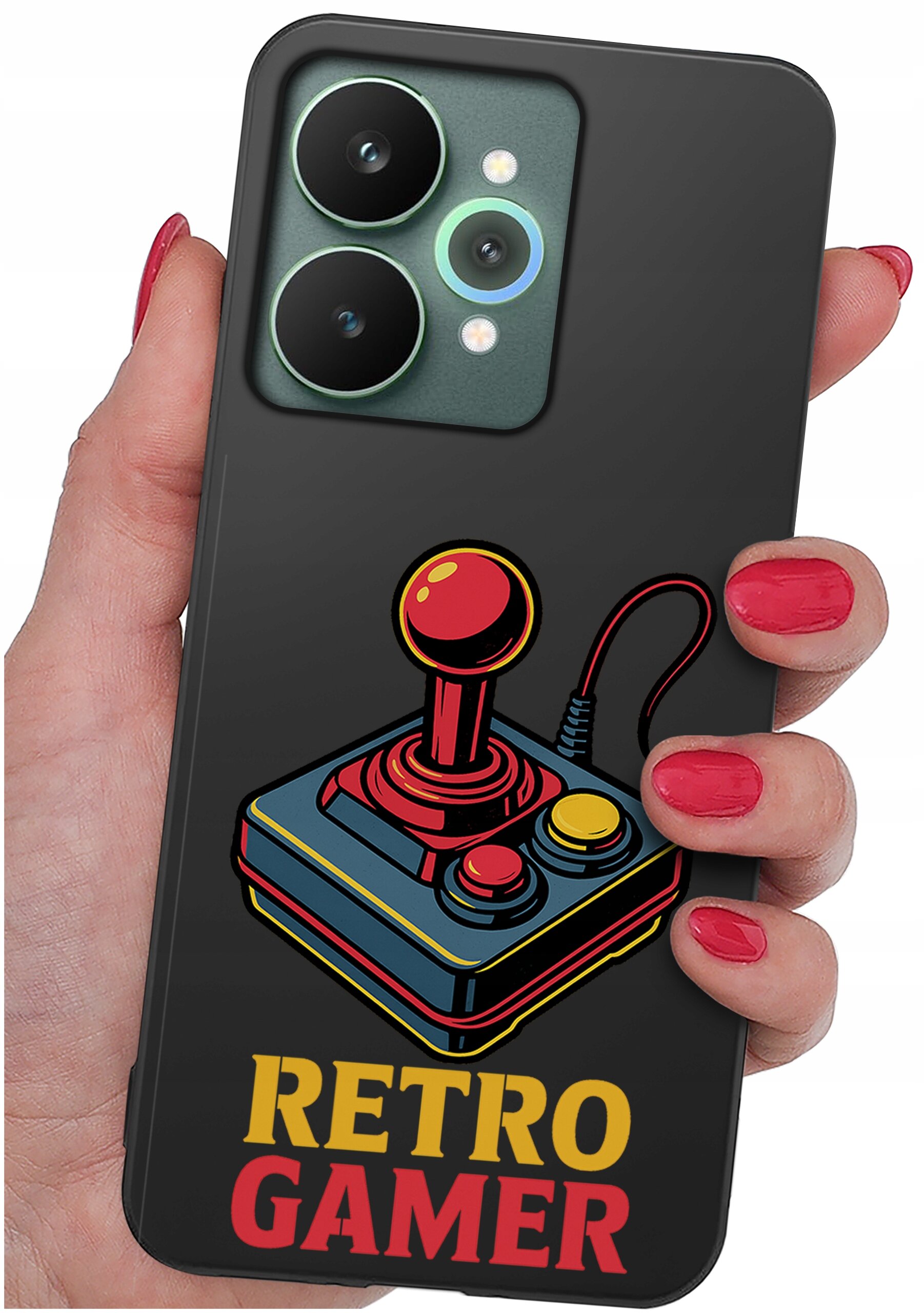 Etui na telefon z grafiką przedstawiającą joystick w stylu retro oraz napisem \'RETRO GAMER\'.