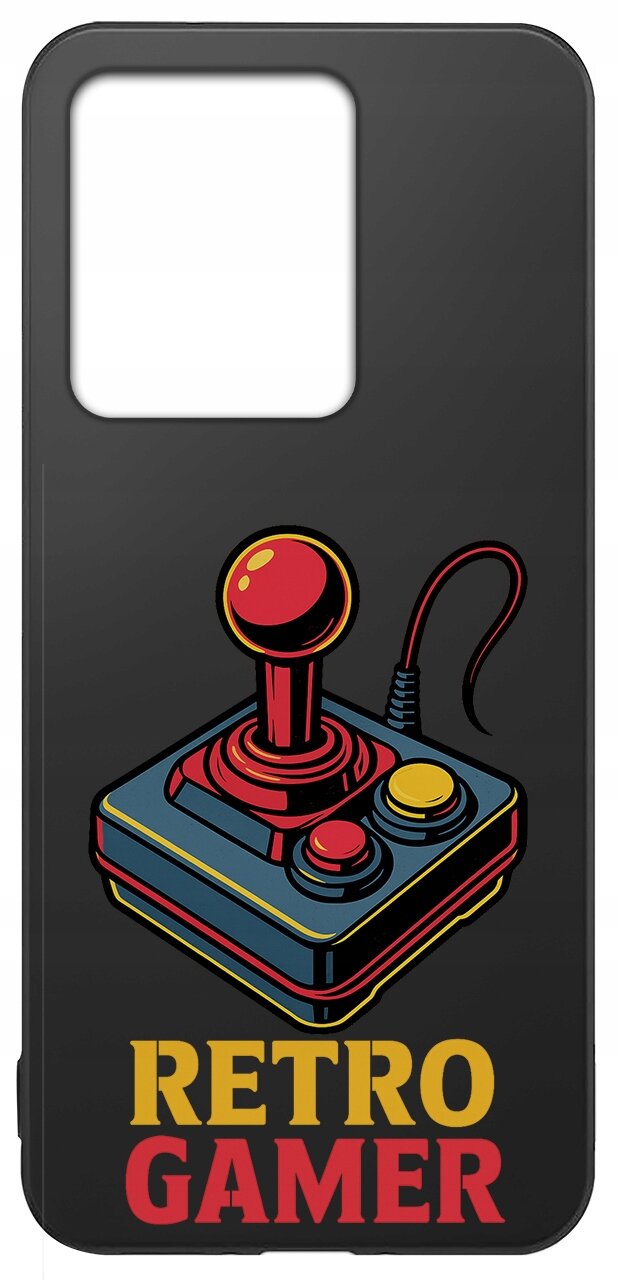 Czarne etui z kolorowym nadrukiem joysticka w stylu retro oraz napisem \'RETRO GAMER\'.