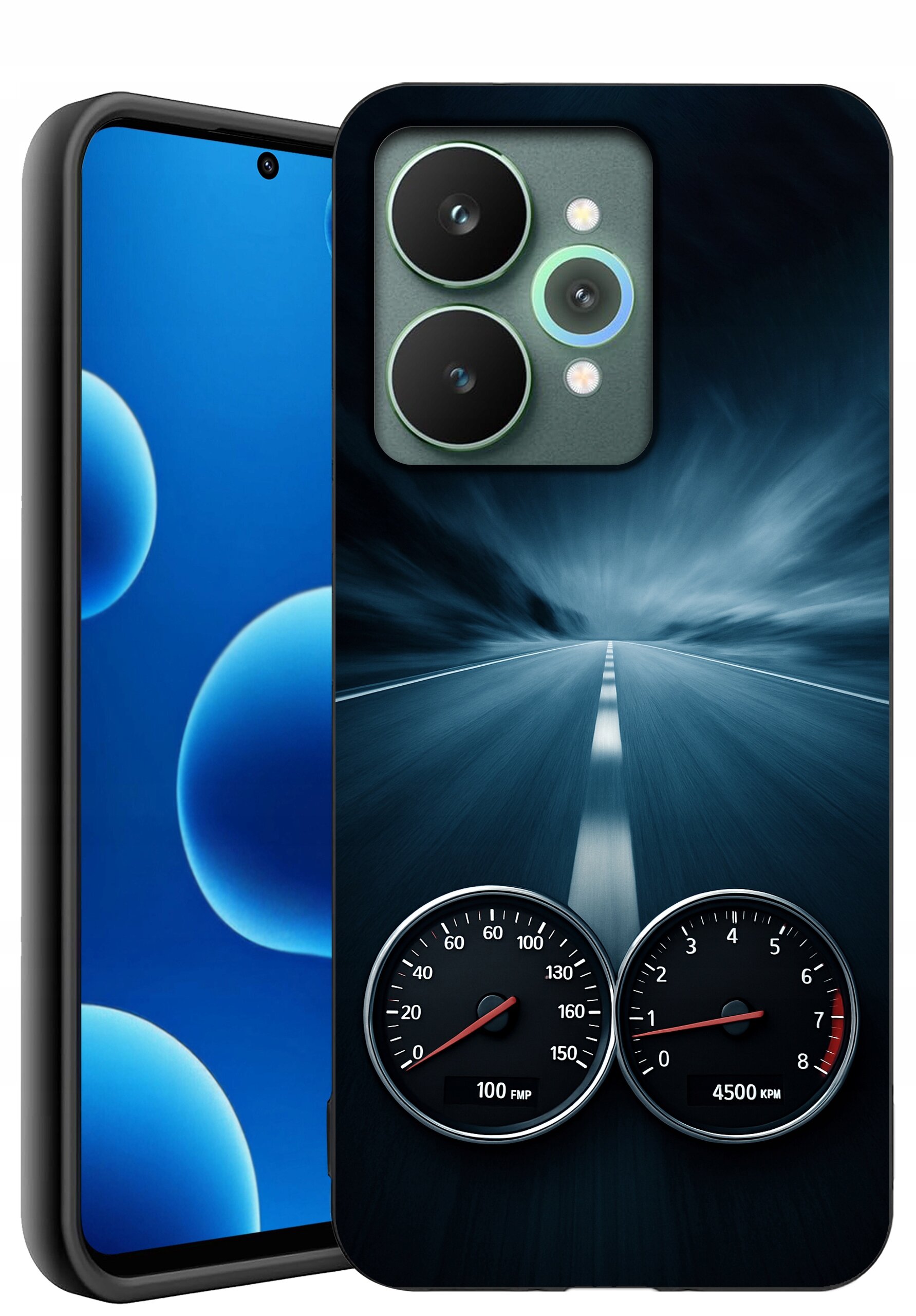 Etui na telefon z motywem drogi i prędkościomierzy, wskazujących 100 FMP i 4500 KPM. Obok widoczny jest telefon z niebieskim ekranem i przednią kamerą.