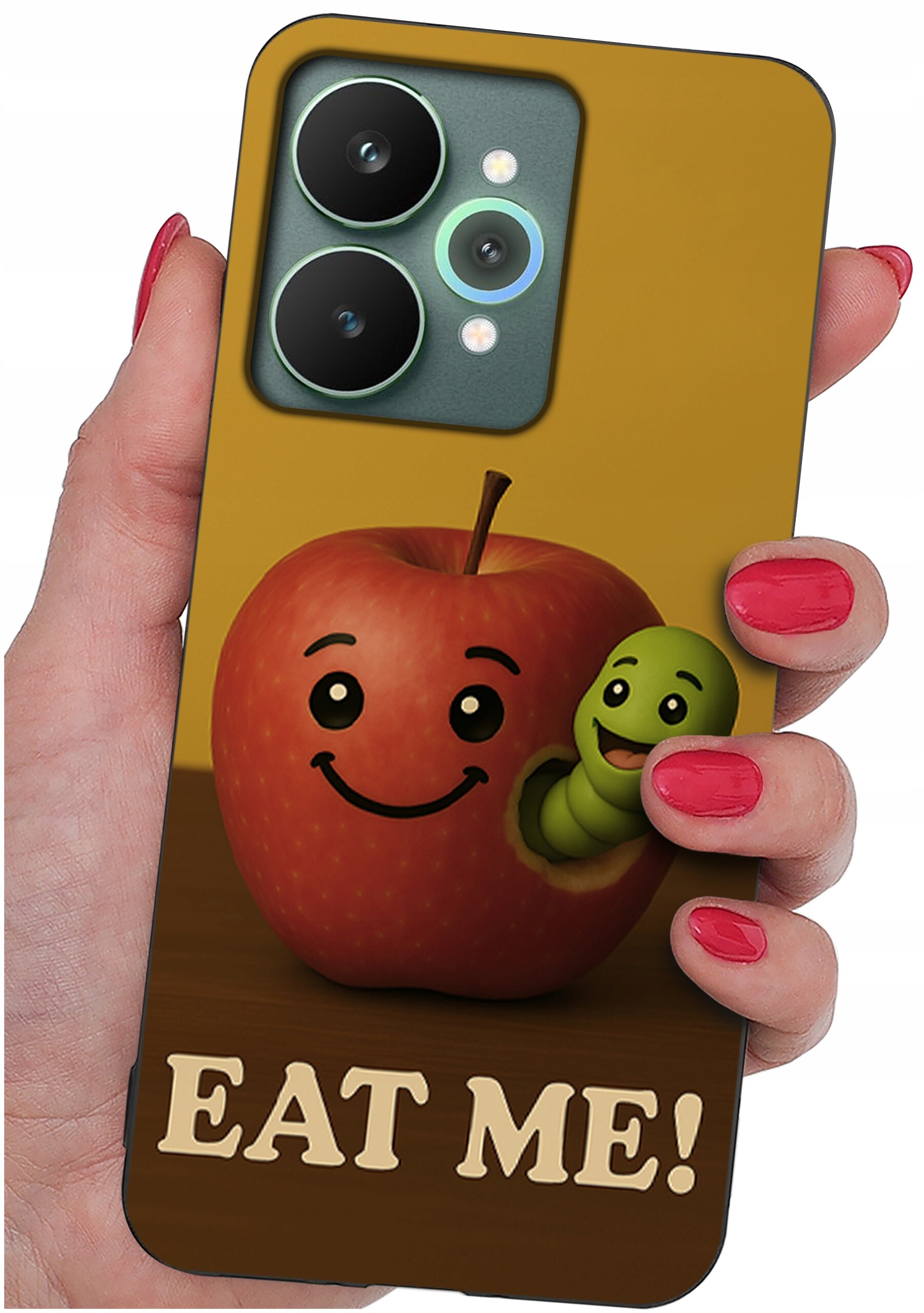 Etui na telefon z grafiką przedstawiającą uśmiechnięte jabłko z robakiem oraz napisem \'EAT ME!\'.