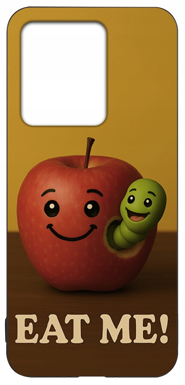 Etui przedstawia czerwoną jabłko z uśmiechniętą twarzą oraz zieloną gąsienicą wychodzącą z otworu. Na dole widnieje napis \'EAT ME!\'.
