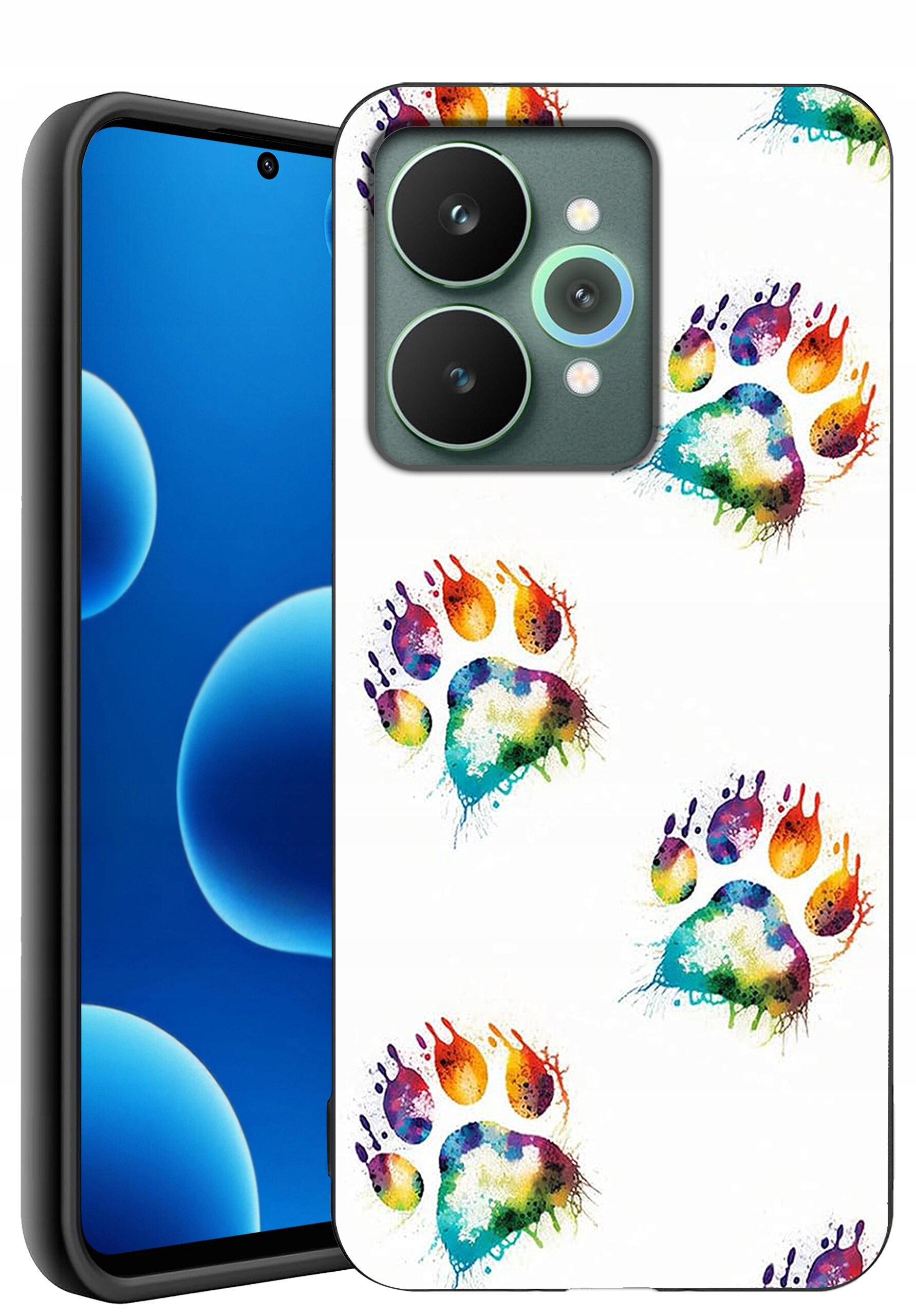 Etui na telefon z kolorowym wzorem łapek na białym tle, obok widoczny ekran telefonu z niebieskim motywem graficznym.