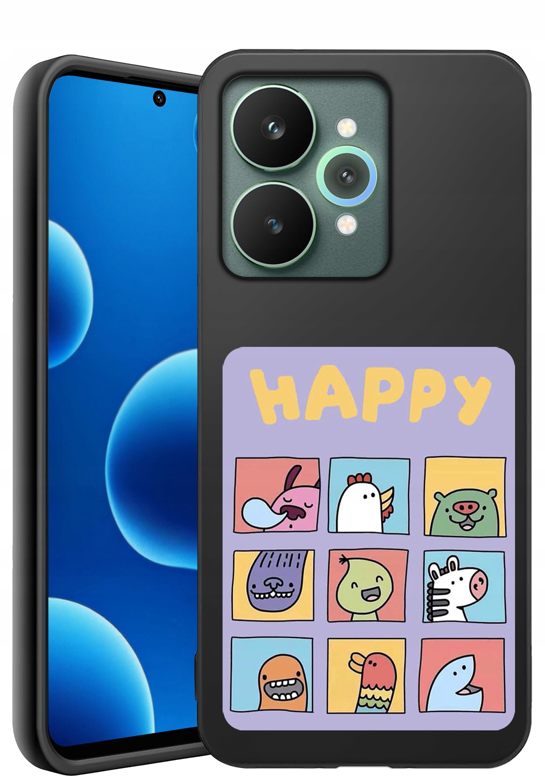 Czarne etui na telefon z kolorowym nadrukiem przedstawiającym dziewięć rysunkowych zwierząt w kwadratach oraz napis \'HAPPY\' na górze. Obok etui widoczny jest telefon z niebieskim ekranem.