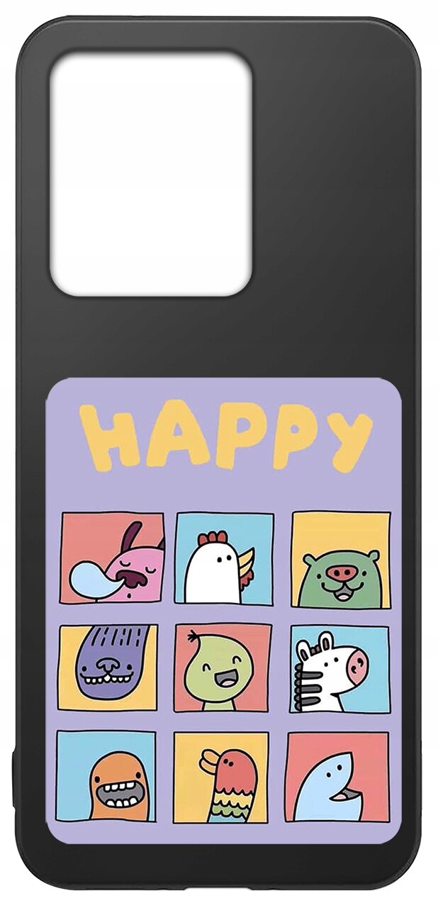 Etui na telefon z dużym wycięciem na aparat, ozdobione kolorowymi kwadratami z rysunkami zwierząt i napisem \'HAPPY\' na fioletowym tle.