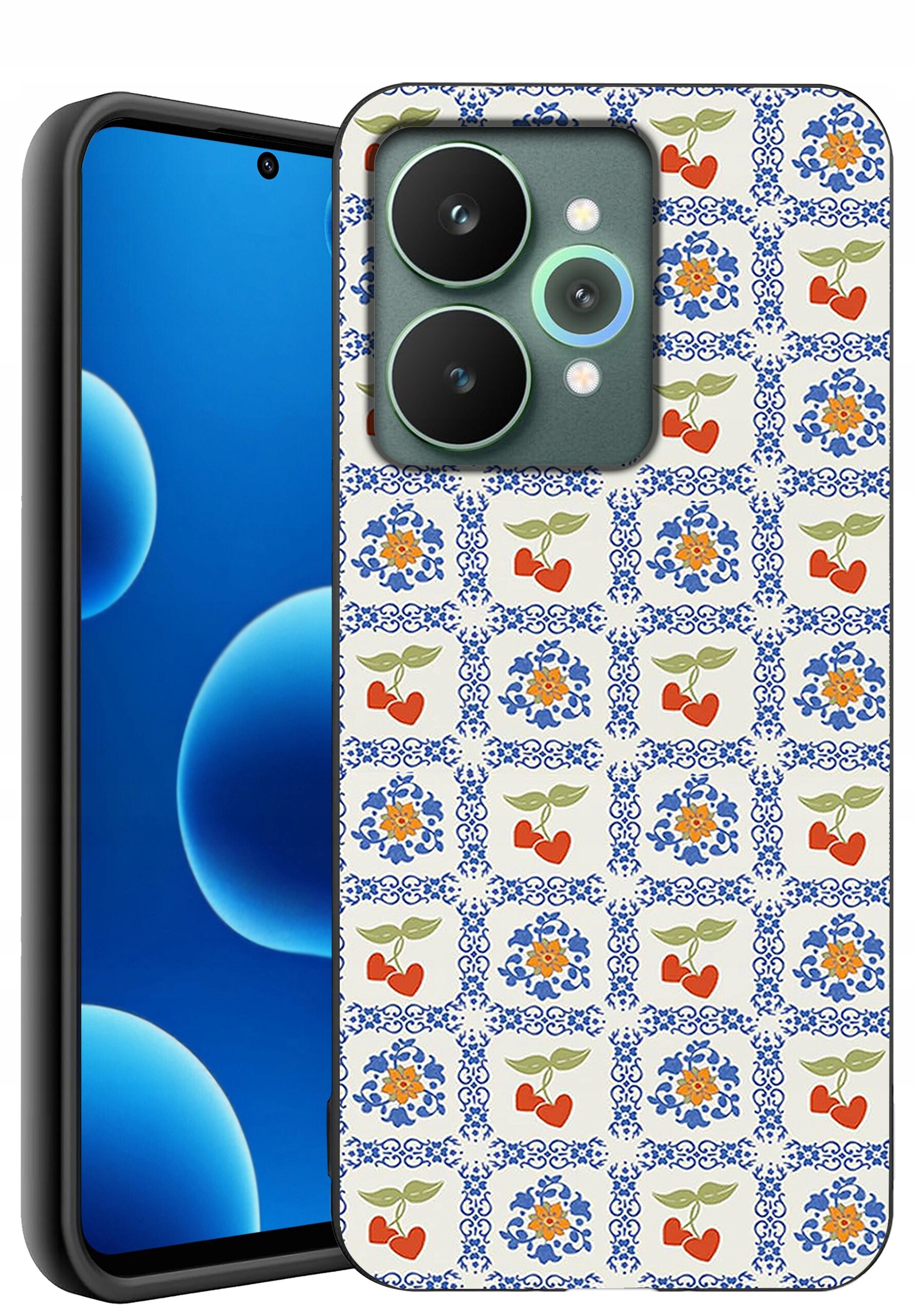 Etui na telefon z wzorem w kwadraty, w których znajdują się czerwone serca z liśćmi oraz niebieskie kwiaty. Telefon ma ekran z niebieskim tłem i widoczną kamerą przednią.
