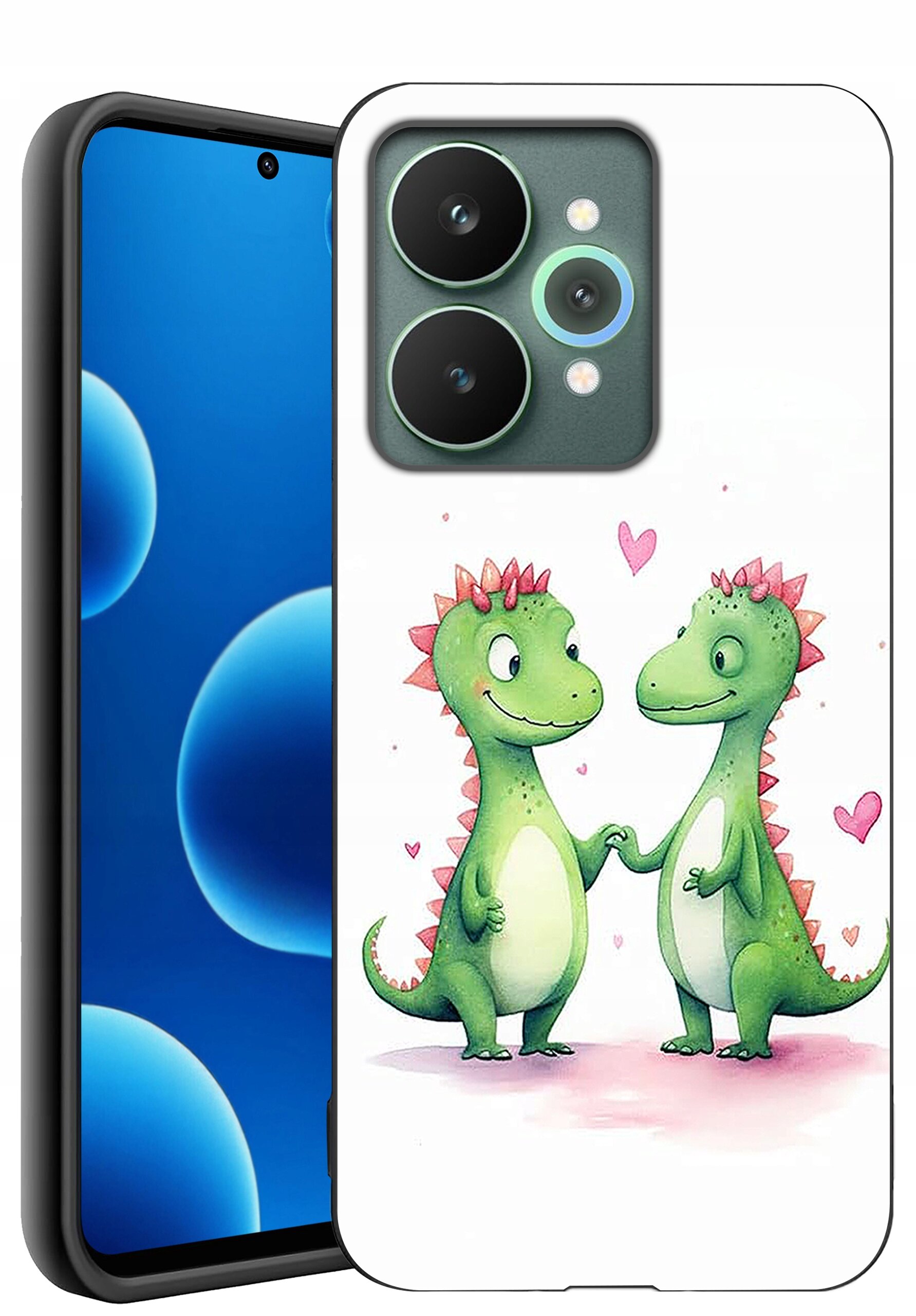 Etui na telefon z grafiką dwóch zielonych dinozaurów trzymających się za ręce, otoczonych różowymi serduszkami. Telefon obok etui ma niebieski ekran z widocznymi okręgami.
