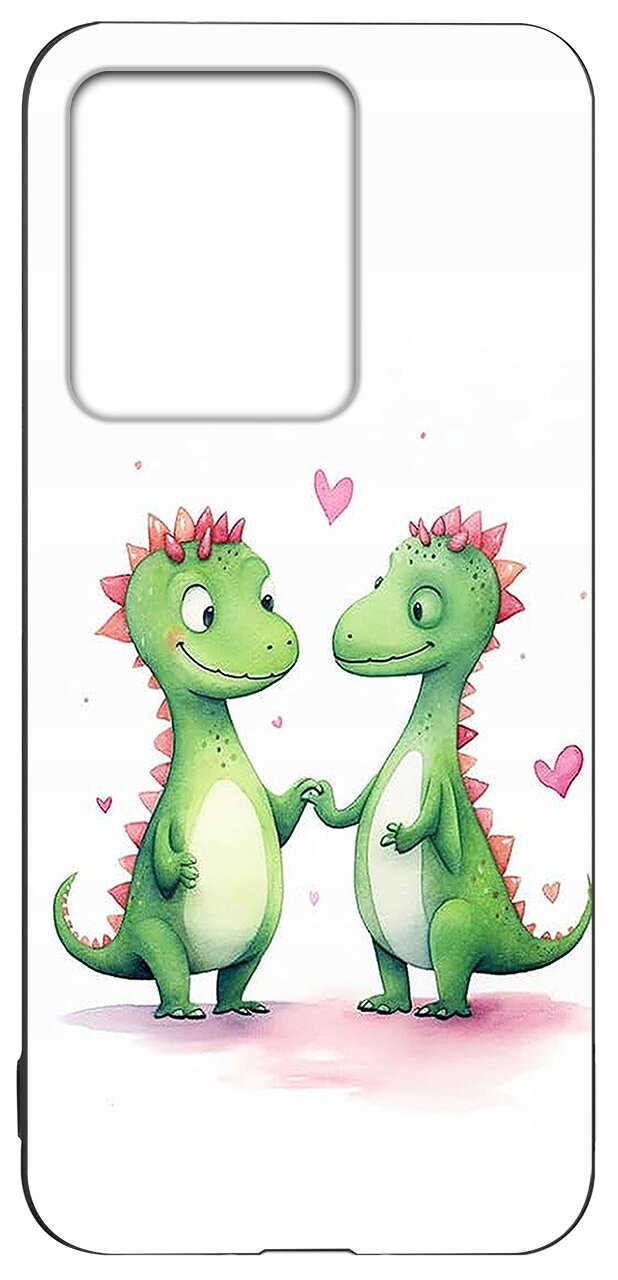 Etui na telefon z nadrukiem dwóch zielonych dinozaurów trzymających się za ręce, otoczonych różowymi serduszkami na białym tle.