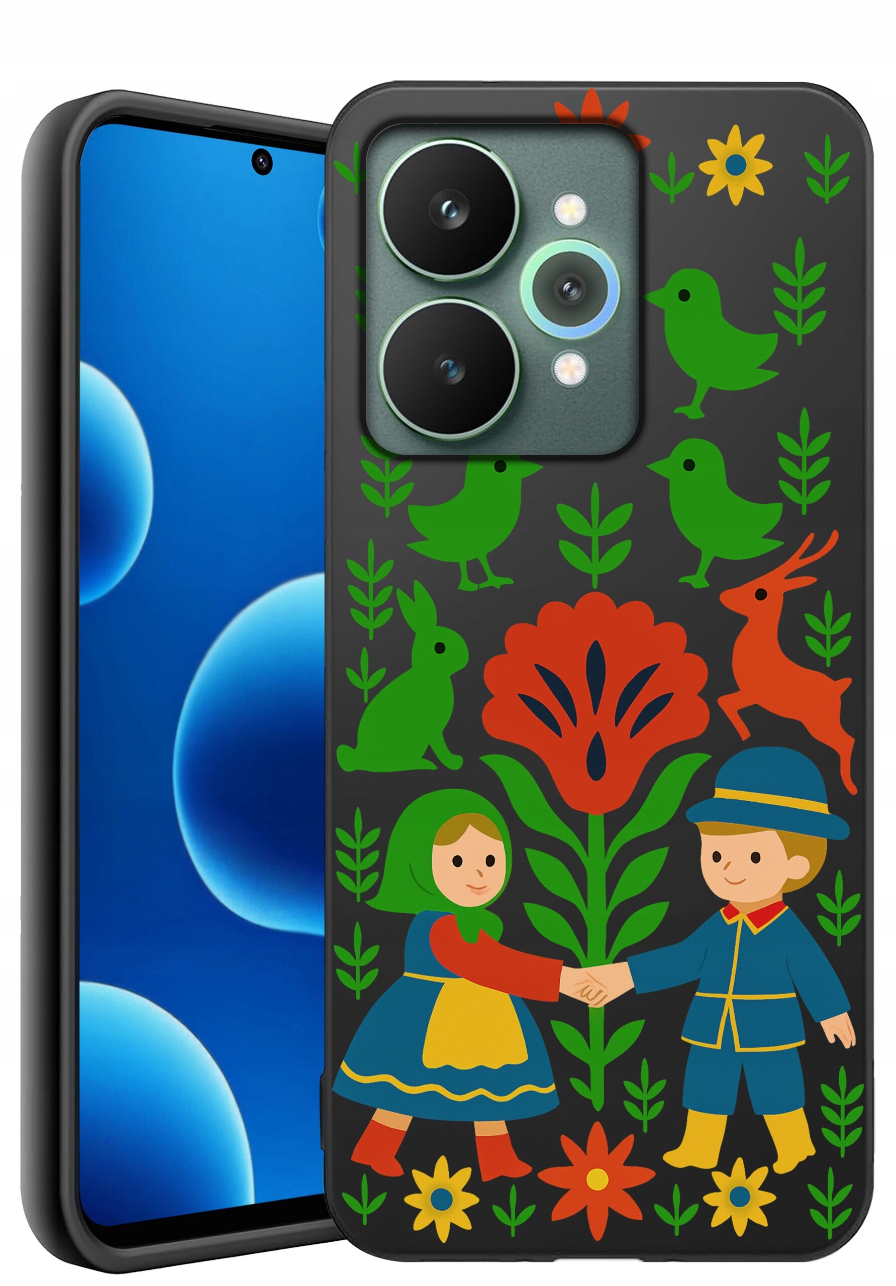 Etui na telefon z kolorowym wzorem przedstawiającym postacie w tradycyjnych strojach, otoczone kwiatami i zwierzętami na ciemnym tle.