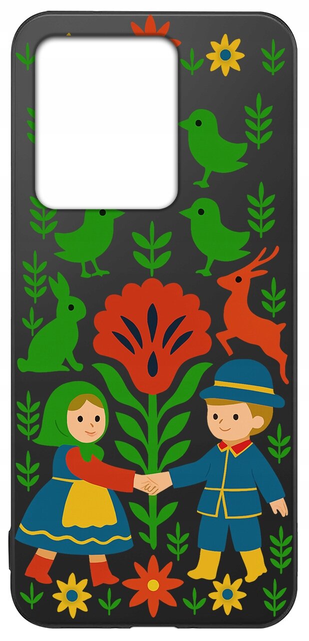 Etui z kolorowym wzorem przedstawiającym postacie w tradycyjnych strojach, otoczone kwiatami i zwierzętami na czarnym tle.