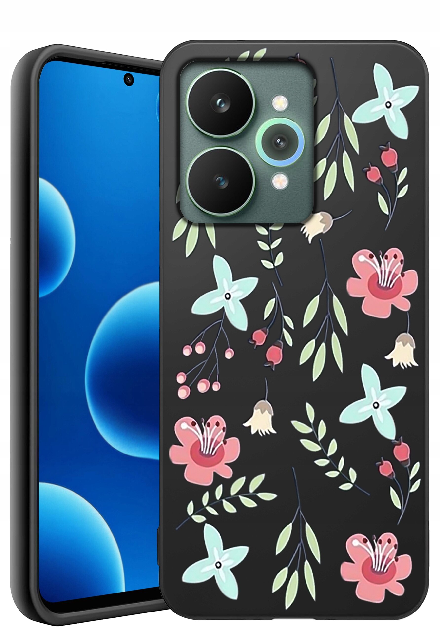 Na obrazie widoczne jest etui na telefon z czarnym tłem ozdobione kolorowymi kwiatowymi wzorami. Obok etui znajduje się telefon z wyświetlaczem pokazującym niebieskie okręgi na czarnym tle.