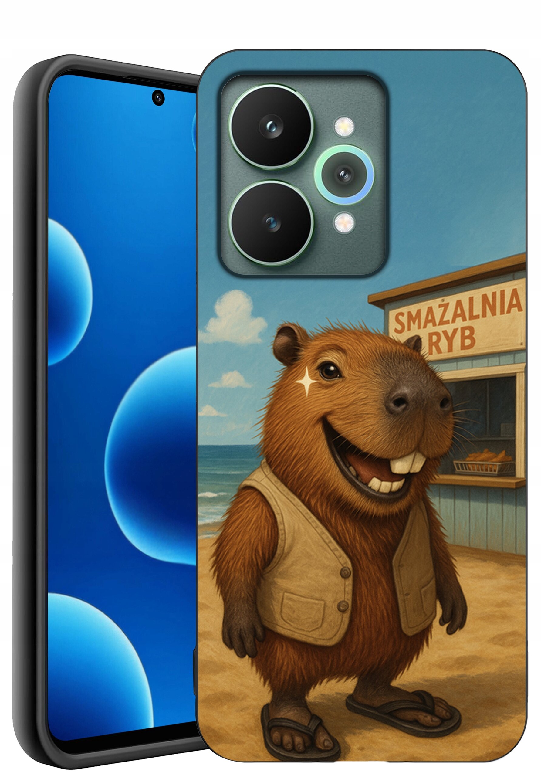 Etui na telefon z grafiką przedstawiającą uśmiechniętego zwierzaka w kamizelce na tle plaży i budynku z napisem \'SMAŻALNIA RYB\'. Obok widoczny jest telefon z wyświetlaczem pokazującym niebieskie okręgi.
