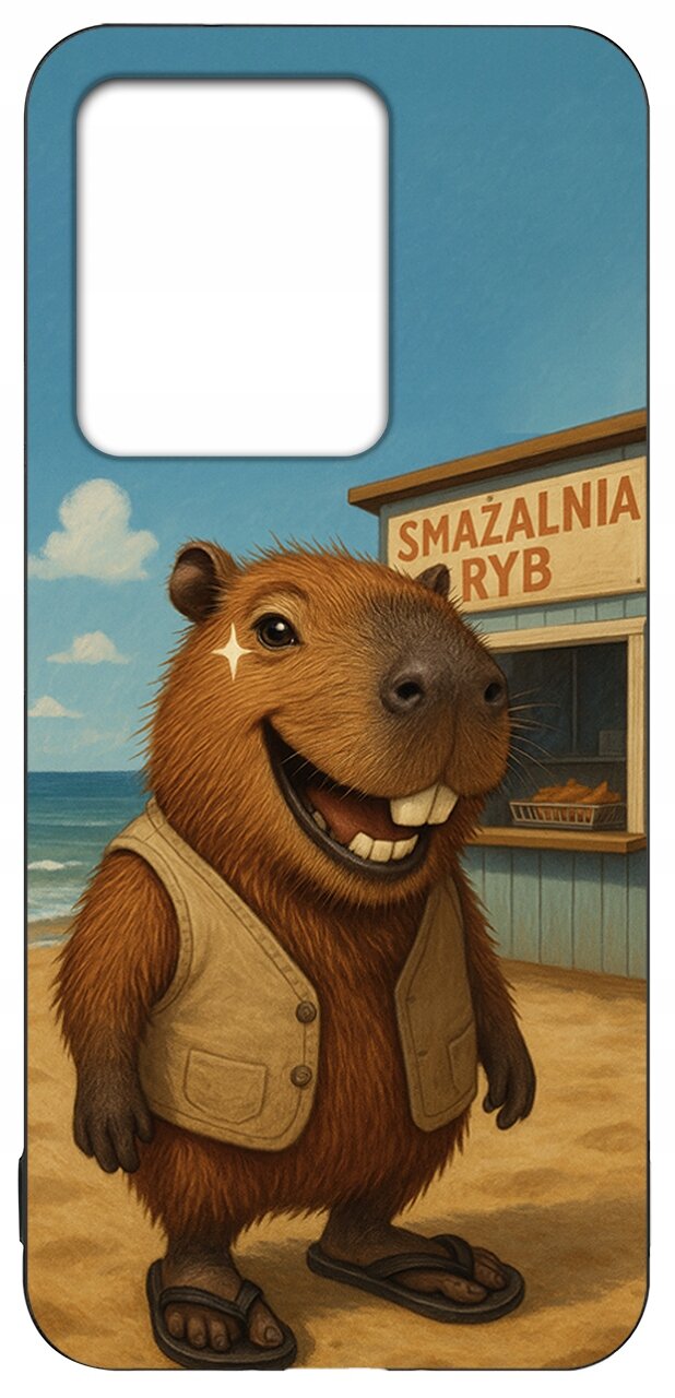 Etui z wizerunkiem uśmiechniętej kapibary w kamizelce i klapkach, stojącej na plaży. W tle widoczny jest budynek z napisem \'SMAŻALNIA RYB\'.