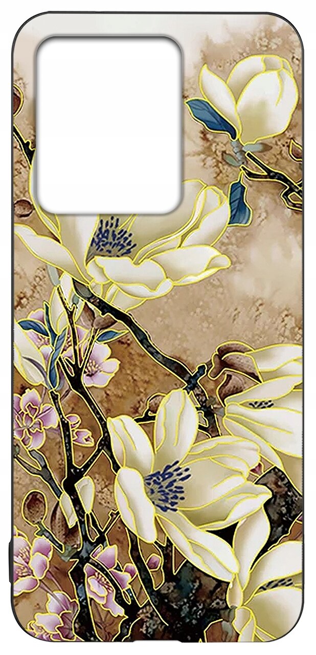 Etui na telefon z wzorem przedstawiającym kwiaty magnolii na tle w odcieniach brązu i beżu. W górnej części znajduje się duży otwór na aparat.