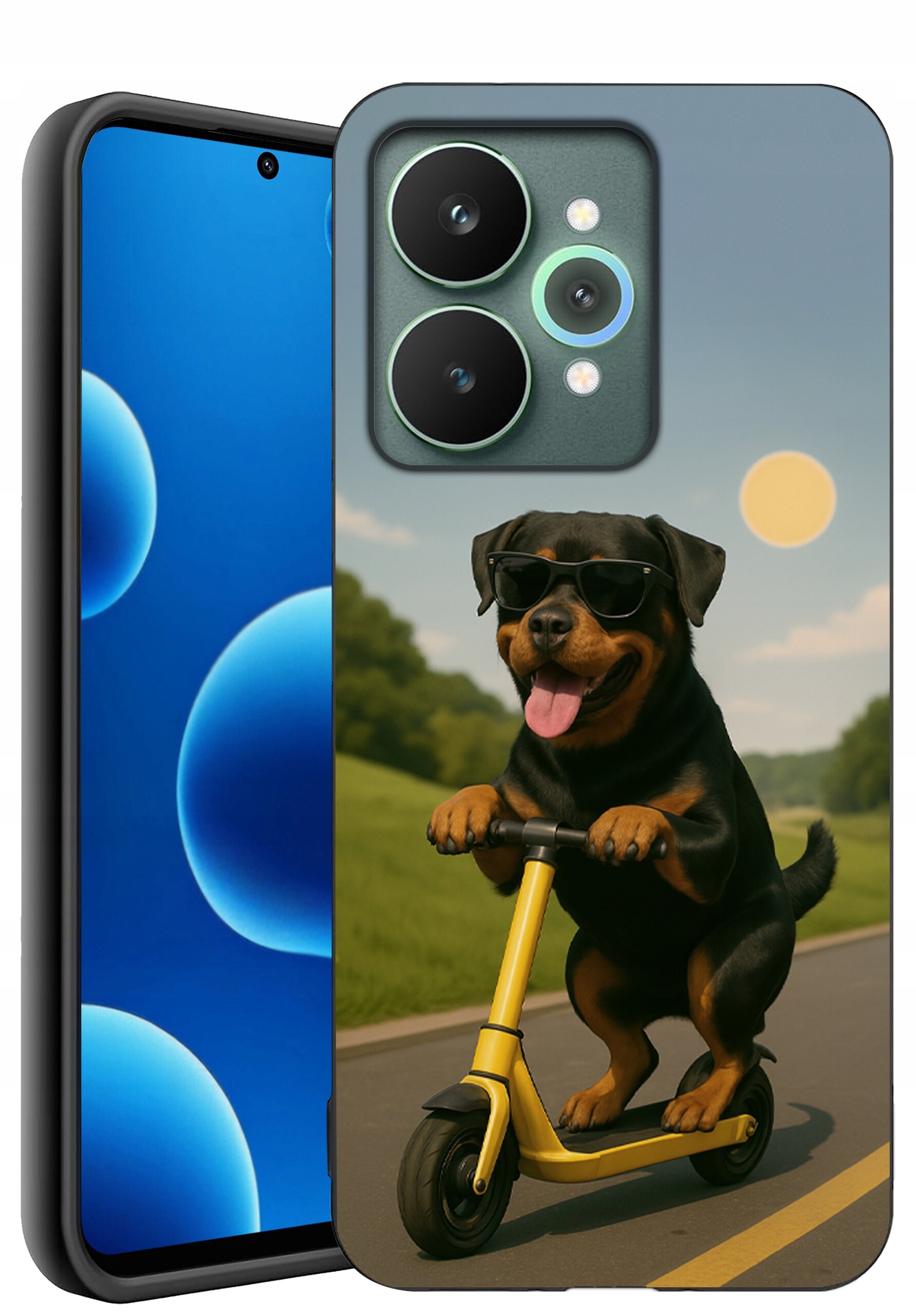 Etui na telefon z grafiką psa w okularach przeciwsłonecznych, jadącego na hulajnodze po drodze. Obok widoczny jest telefon z wyświetlaczem pokazującym niebieskie bąbelki na ekranie.