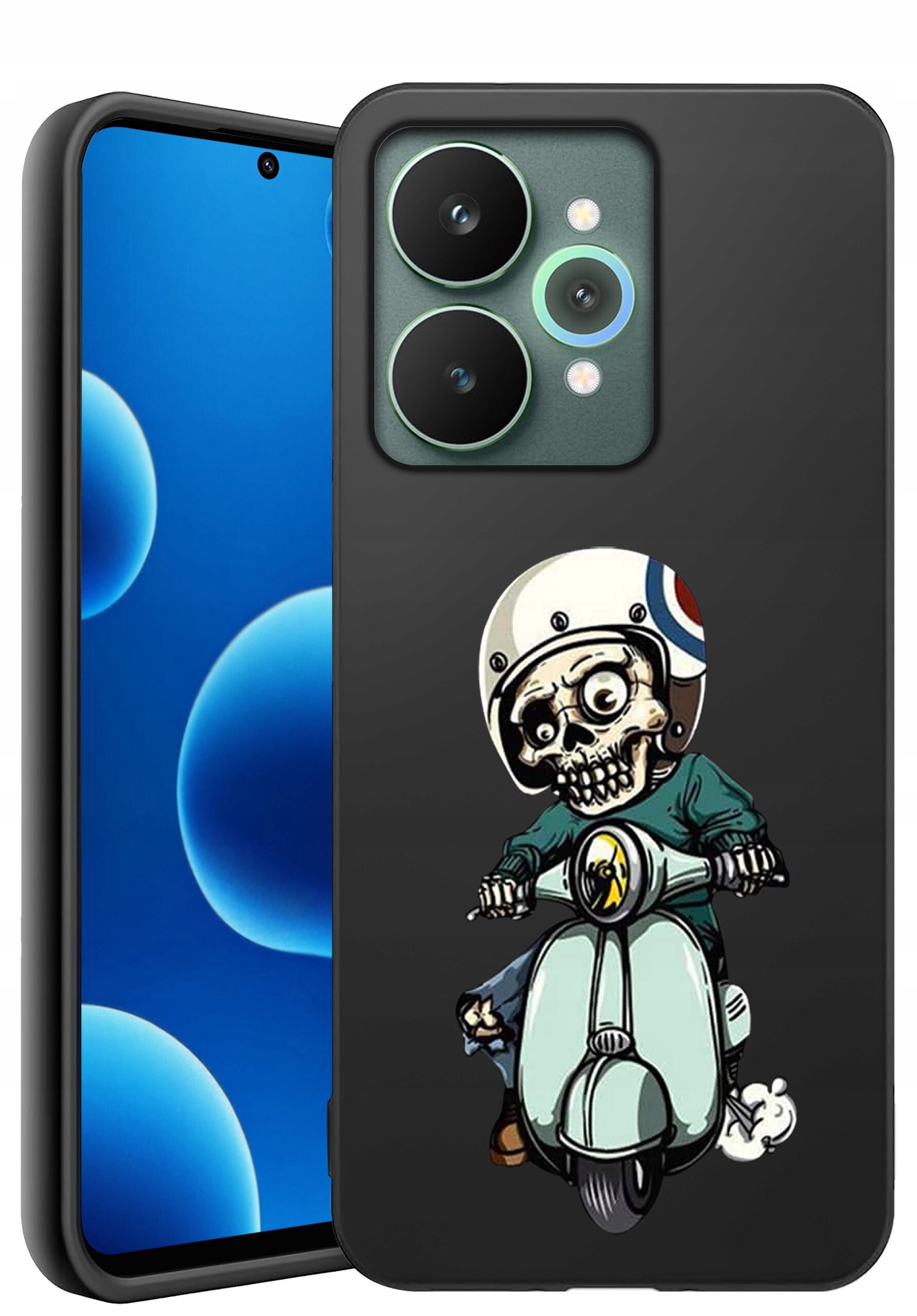 Etui na telefon z grafiką przedstawiającą postać na skuterze, z czaszką zamiast głowy, w kasku. Telefon obok etui ma wyświetlacz z niebieskim tłem i okrągłymi kształtami.