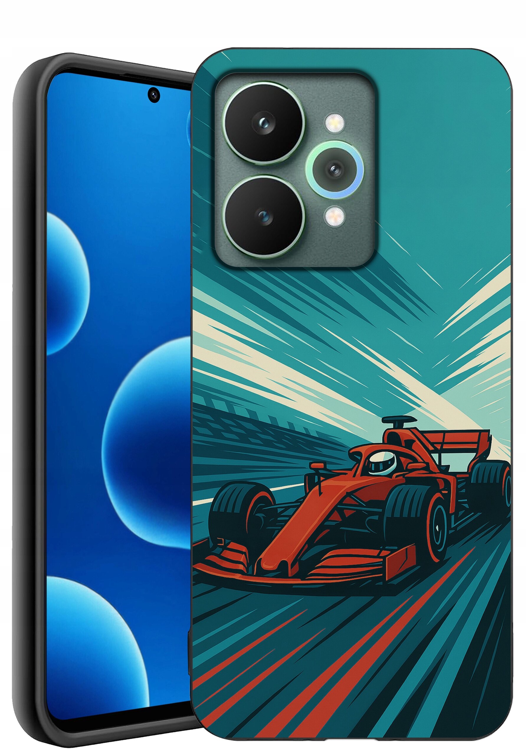 Etui na telefon z grafiką czerwonego samochodu wyścigowego na tle dynamicznych linii w odcieniach niebieskiego i zielonego. Obok widoczny jest ekran telefonu z niebieskimi okręgami na tle.