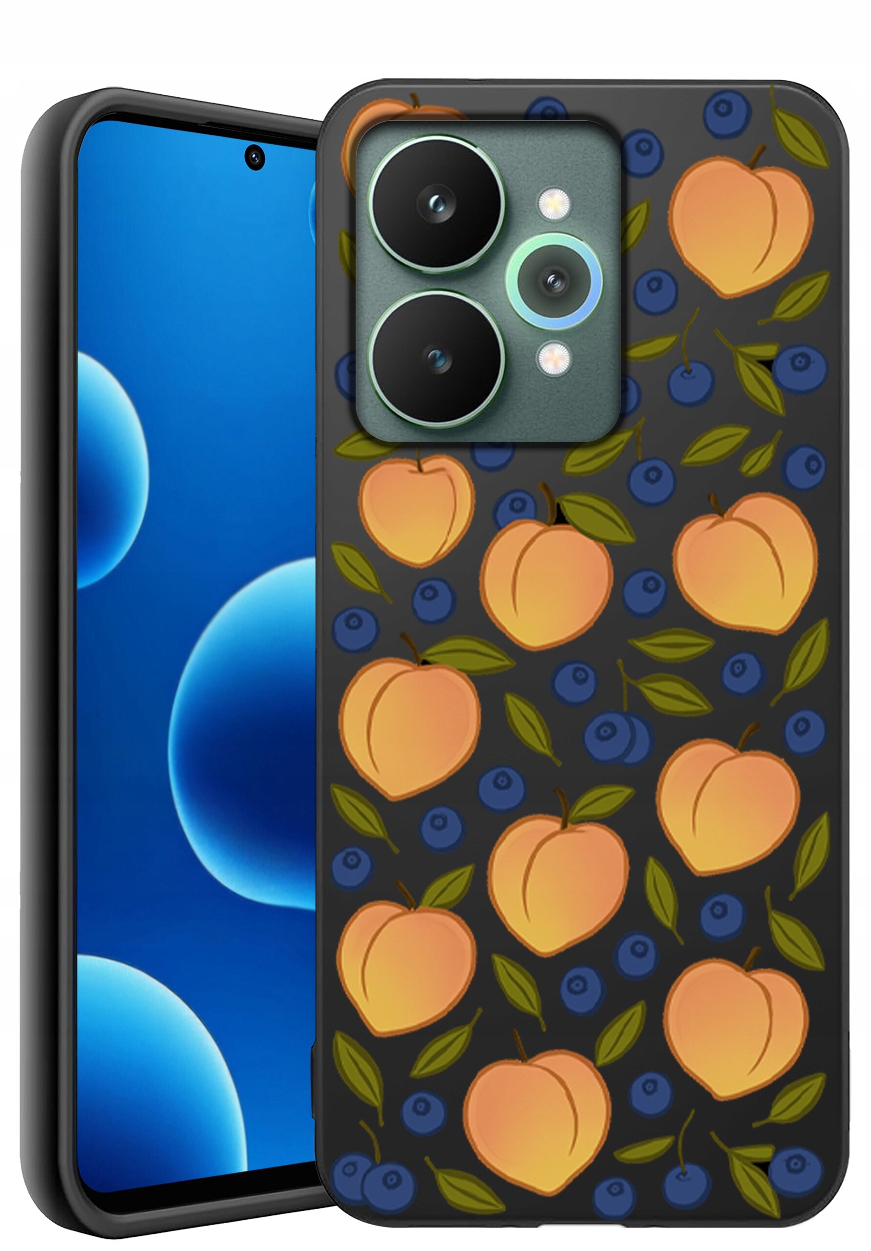Etui na telefon z wzorem przedstawiającym pomarańczowe brzoskwinie i niebieskie jagody na ciemnym tle. Obok widoczny jest ekran telefonu z niebieskimi okręgami na czarnym tle.