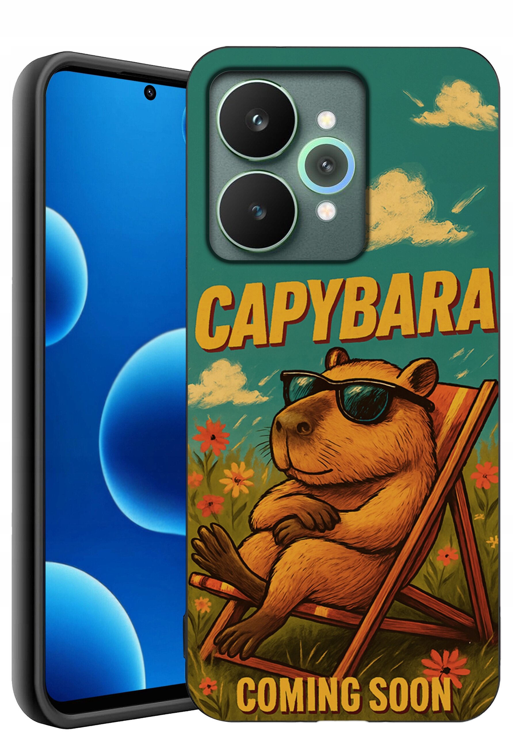Etui na telefon z grafiką kapibary w okularach przeciwsłonecznych siedzącej na leżaku, z napisem \'CAPYBARA COMING SOON\'.