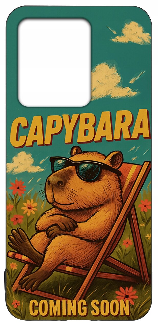 Etui z nadrukiem kapibary w okularach przeciwsłonecznych, siedzącej na leżaku w otoczeniu kwiatów. Na etui widnieje tekst: \'CAPYBARA COMING SOON\'.
