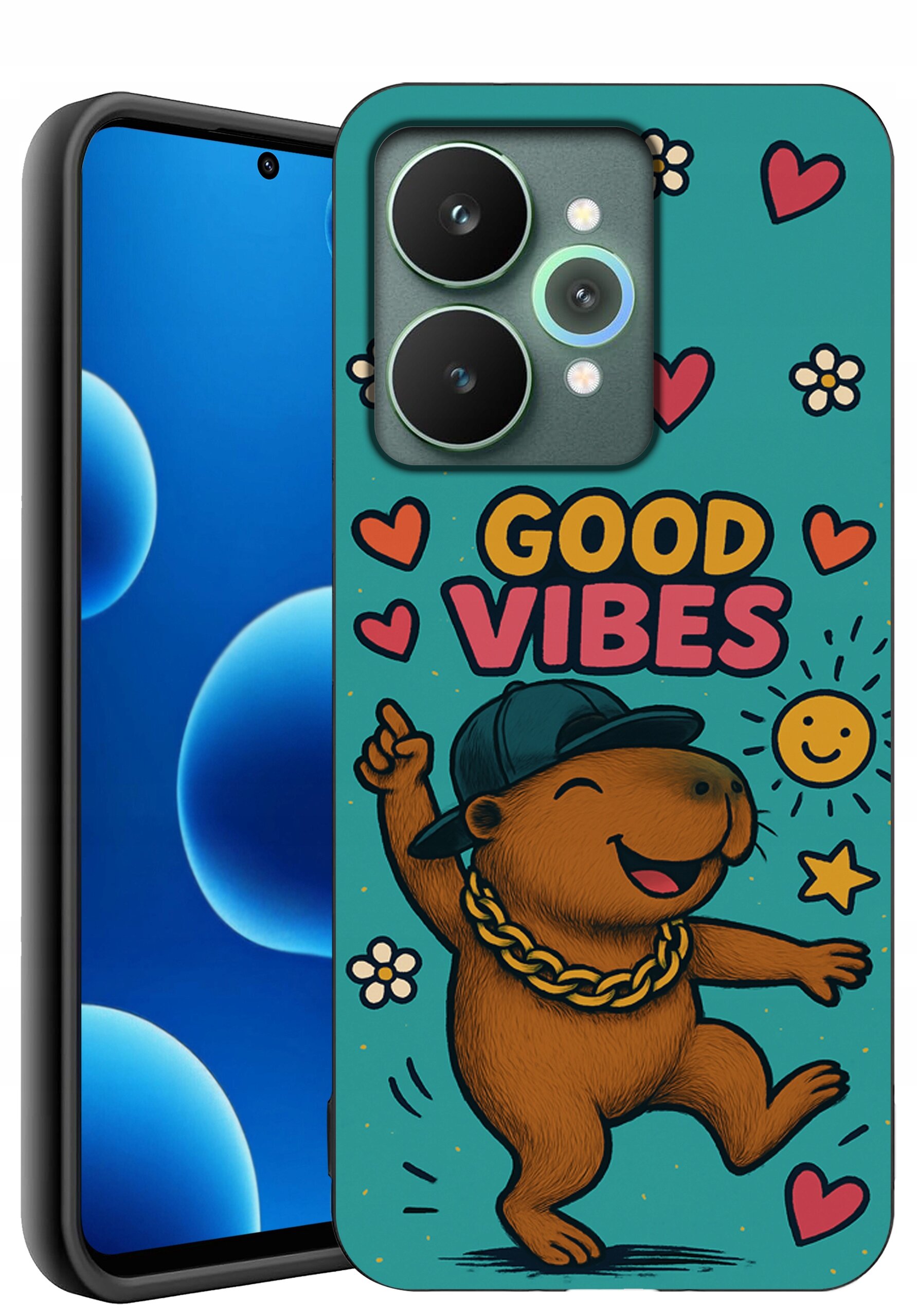 Etui na telefon z kolorowym nadrukiem przedstawiającym uśmiechniętego zwierzaka w czapce i naszyjniku, otoczonego sercami, kwiatkami i napisem \'GOOD VIBES\'.