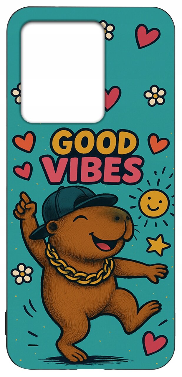 Etui na telefon z rysunkiem tańczącego zwierzęcia w czapce i naszyjniku, otoczonego sercami, kwiatkami i uśmiechniętym słońcem. Na etui widnieje napis \'GOOD VIBES\'.