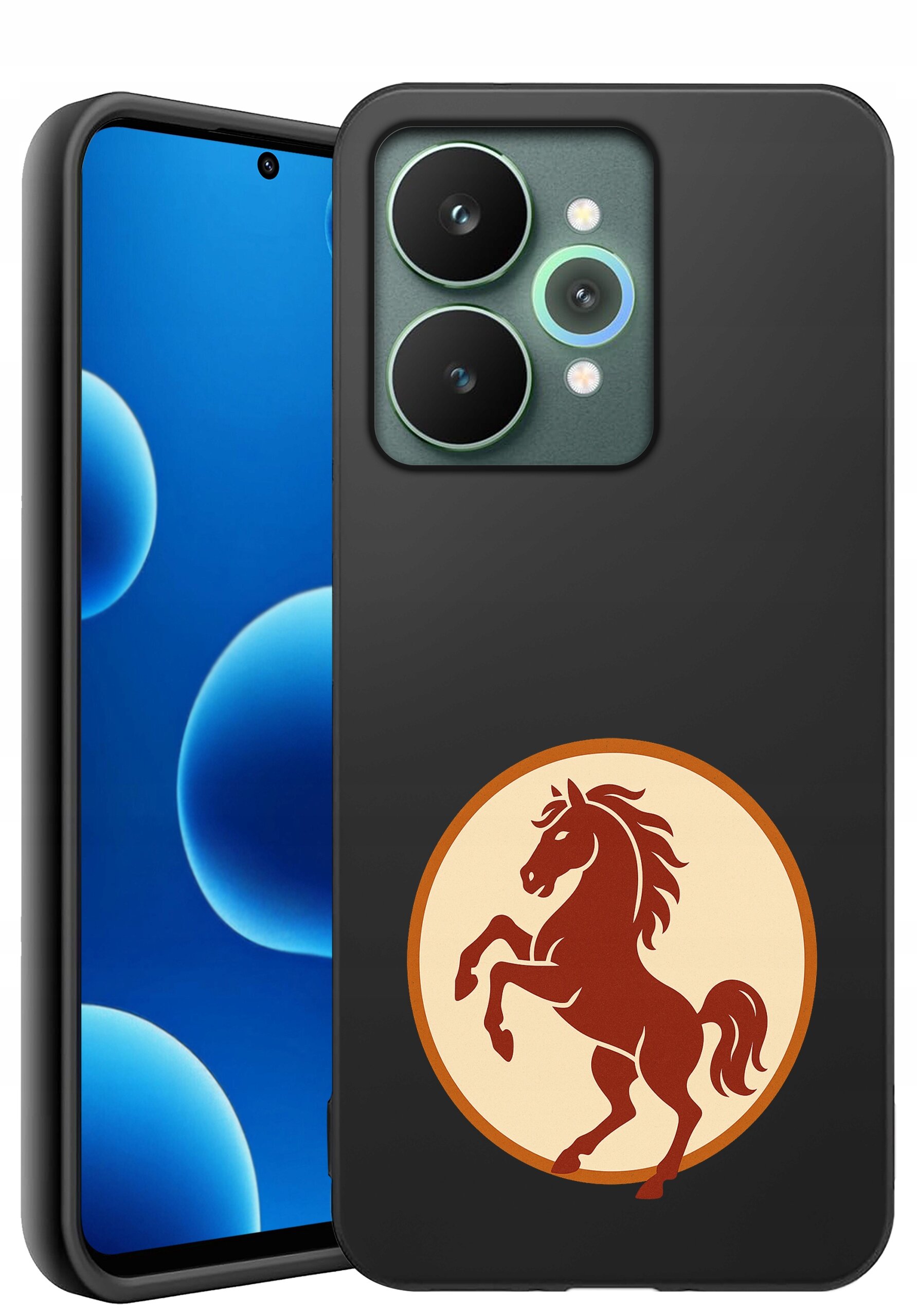 Czarne silikonowe etui na telefon z matowym wykończeniem, ozdobione grafiką konia w okręgu. W tle widoczny jest telefon z niebieskim ekranem i trzema aparatami.