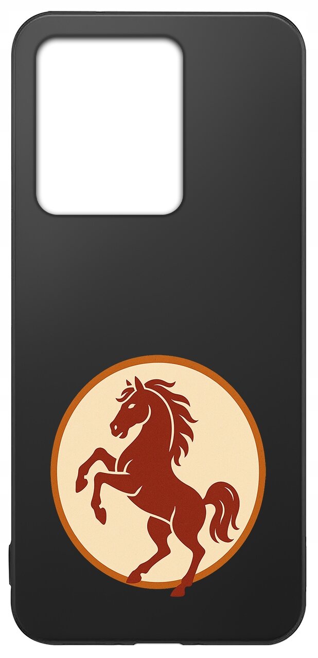 Czarne etui na telefon z wycięciem na aparat, ozdobione grafiką czerwonego konia na beżowym tle w okręgu.