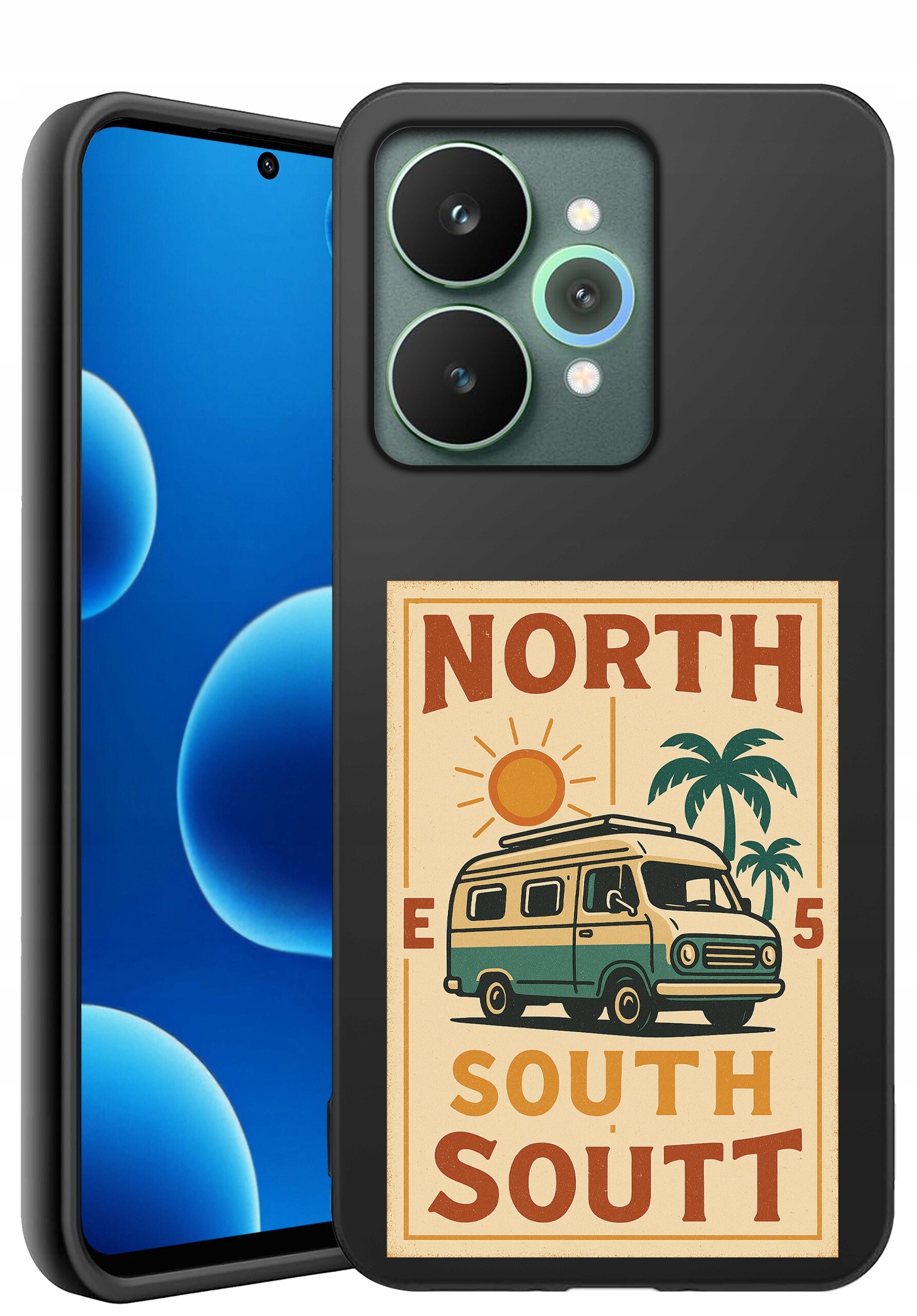 Etui na telefon z grafiką przedstawiającą samochód kempingowy, słońce i palmy oraz tekst \'NORTH SOUTH SOUTT\'.