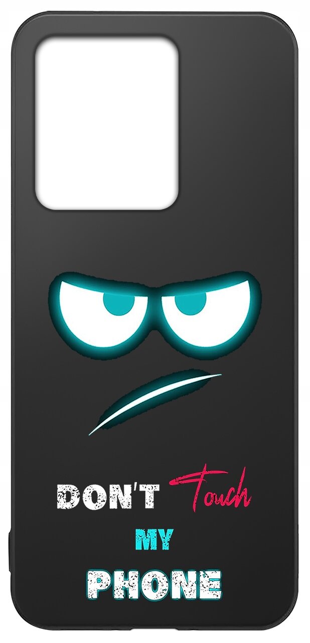 Czarne etui z wycięciem na aparat, ozdobione rysunkiem oczu i napisem \'DON\'T Touch MY PHONE\'.